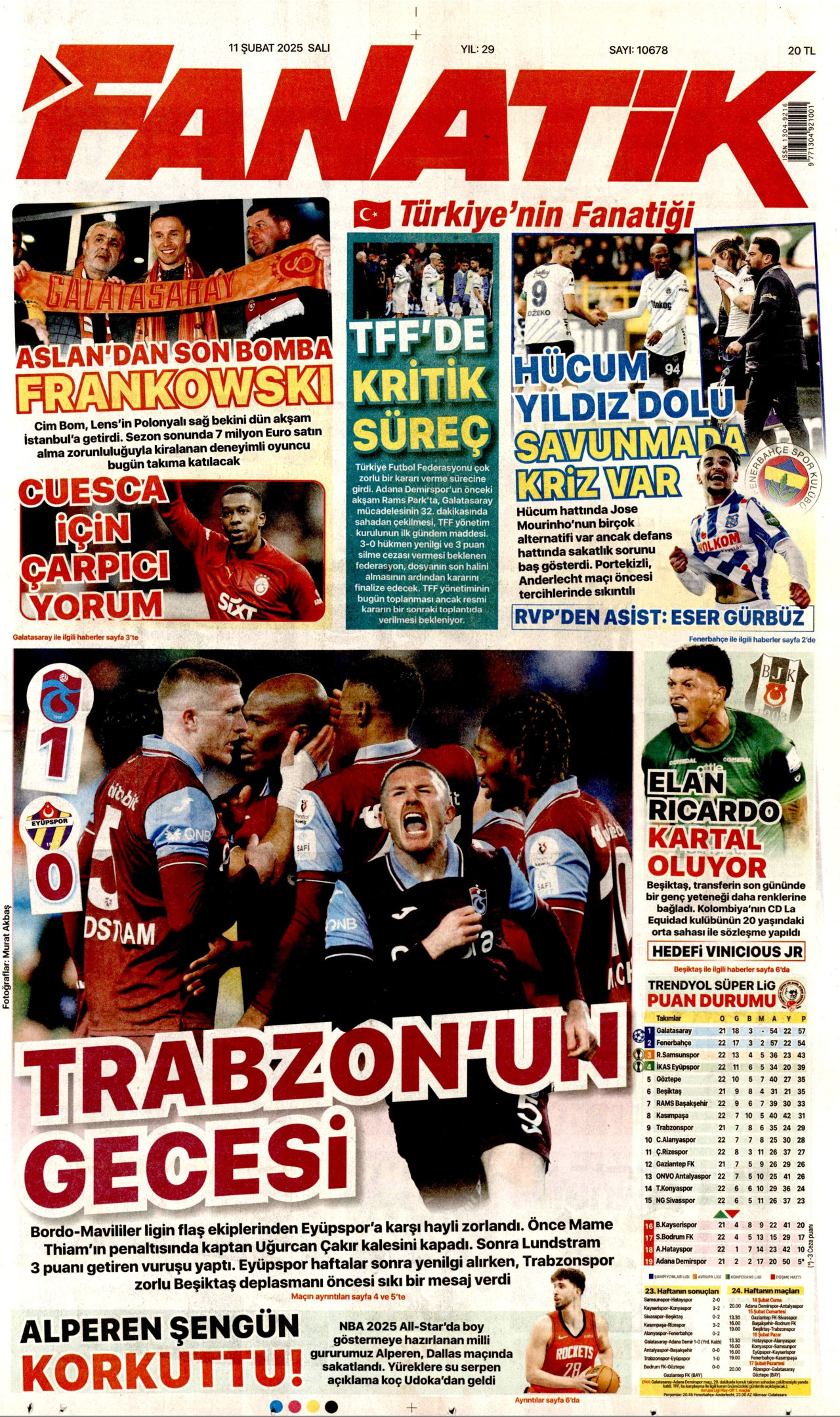 FANATİK gazetesinin 11 Şubat 2025 tarihli birinci sayfası