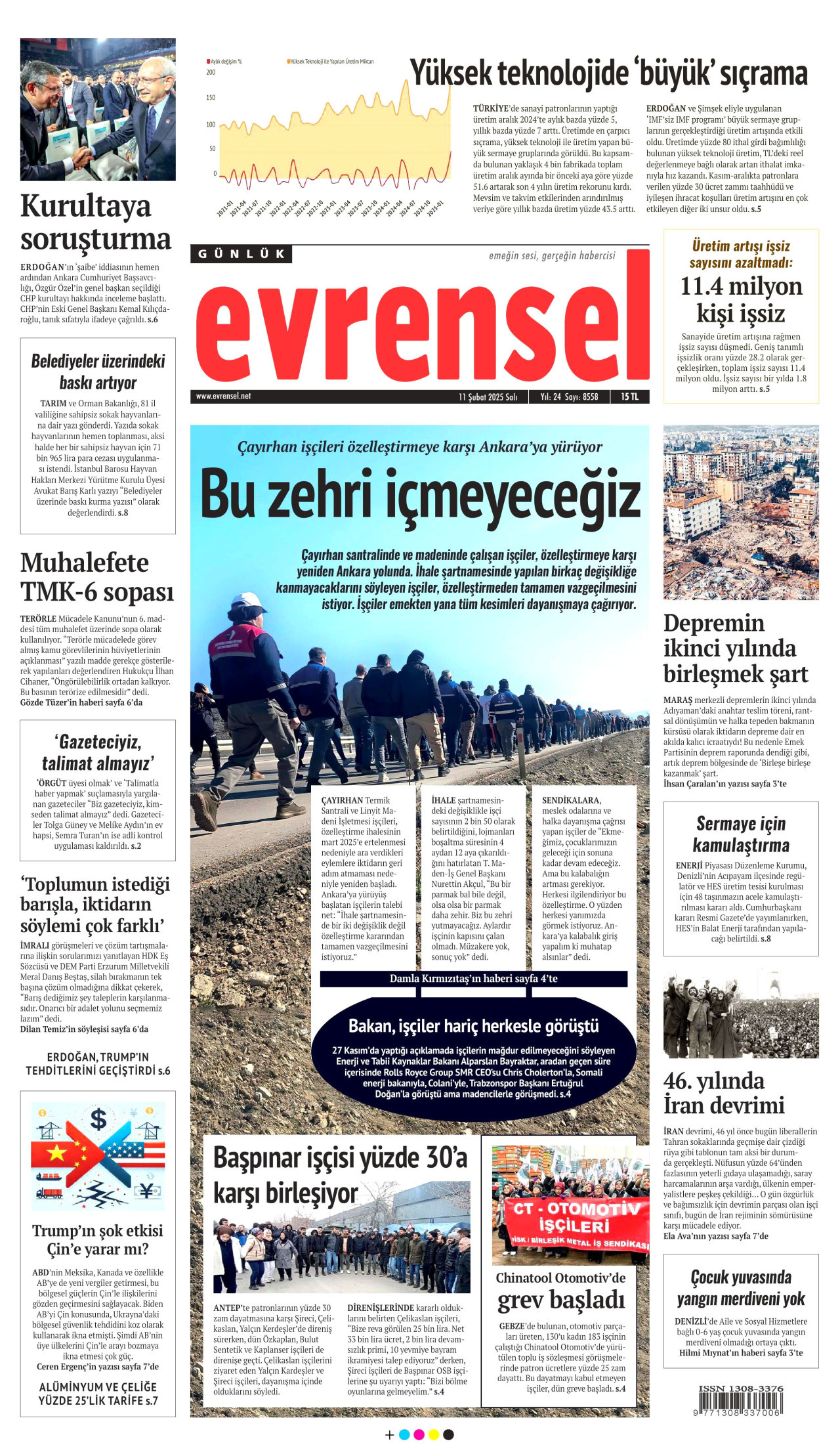 EVRENSEL gazetesinin 11 Şubat 2025 tarihli birinci sayfası
