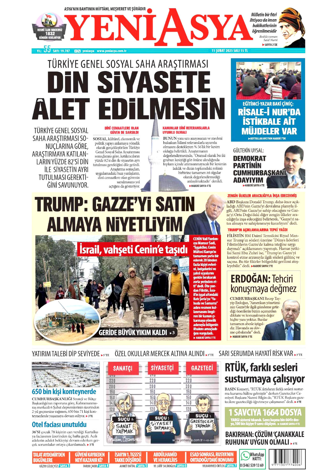YENİ ASYA gazetesinin 11 Şubat 2025 tarihli birinci sayfası