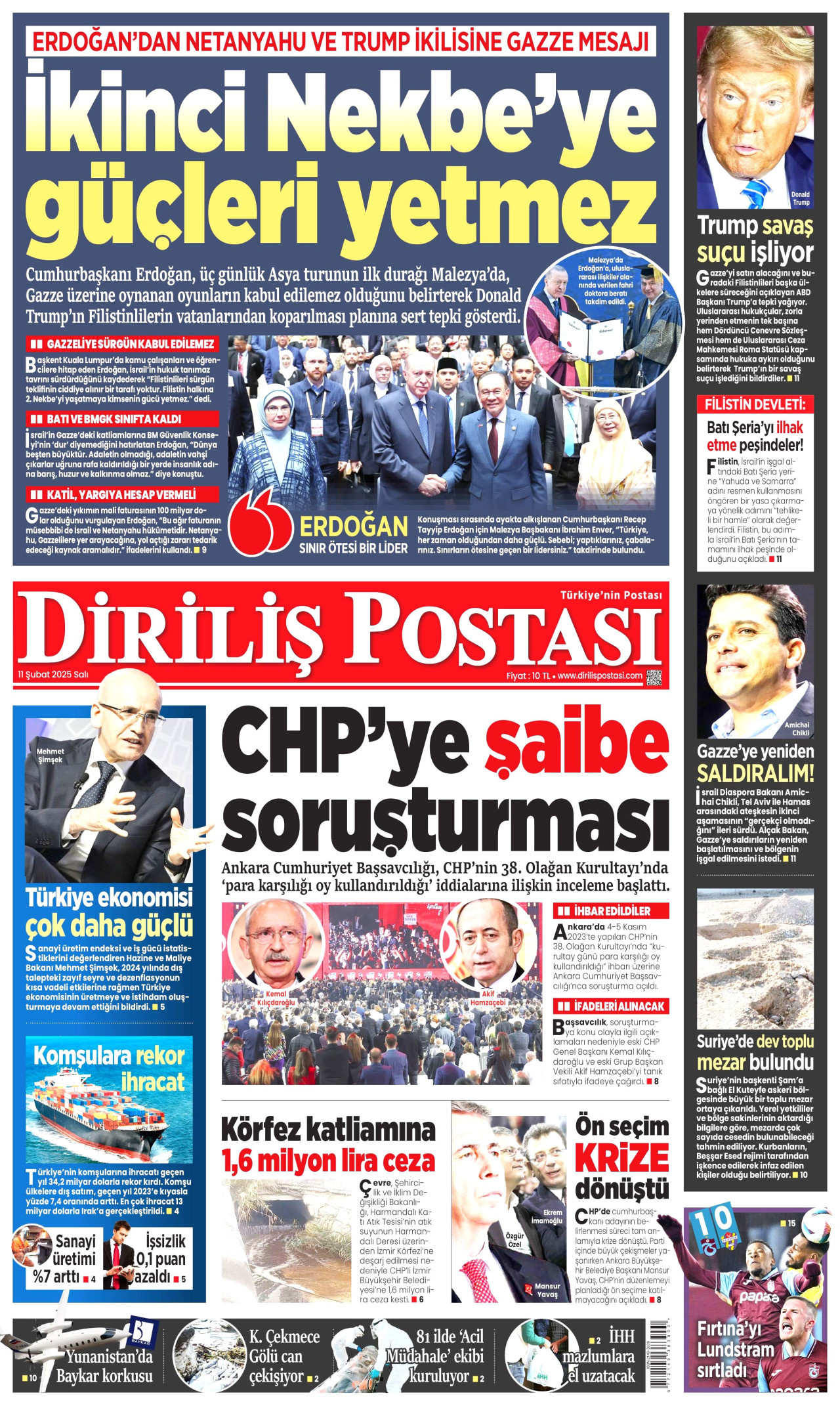 DİRİLİŞ POSTASI gazetesinin 11 Şubat 2025 tarihli birinci sayfası