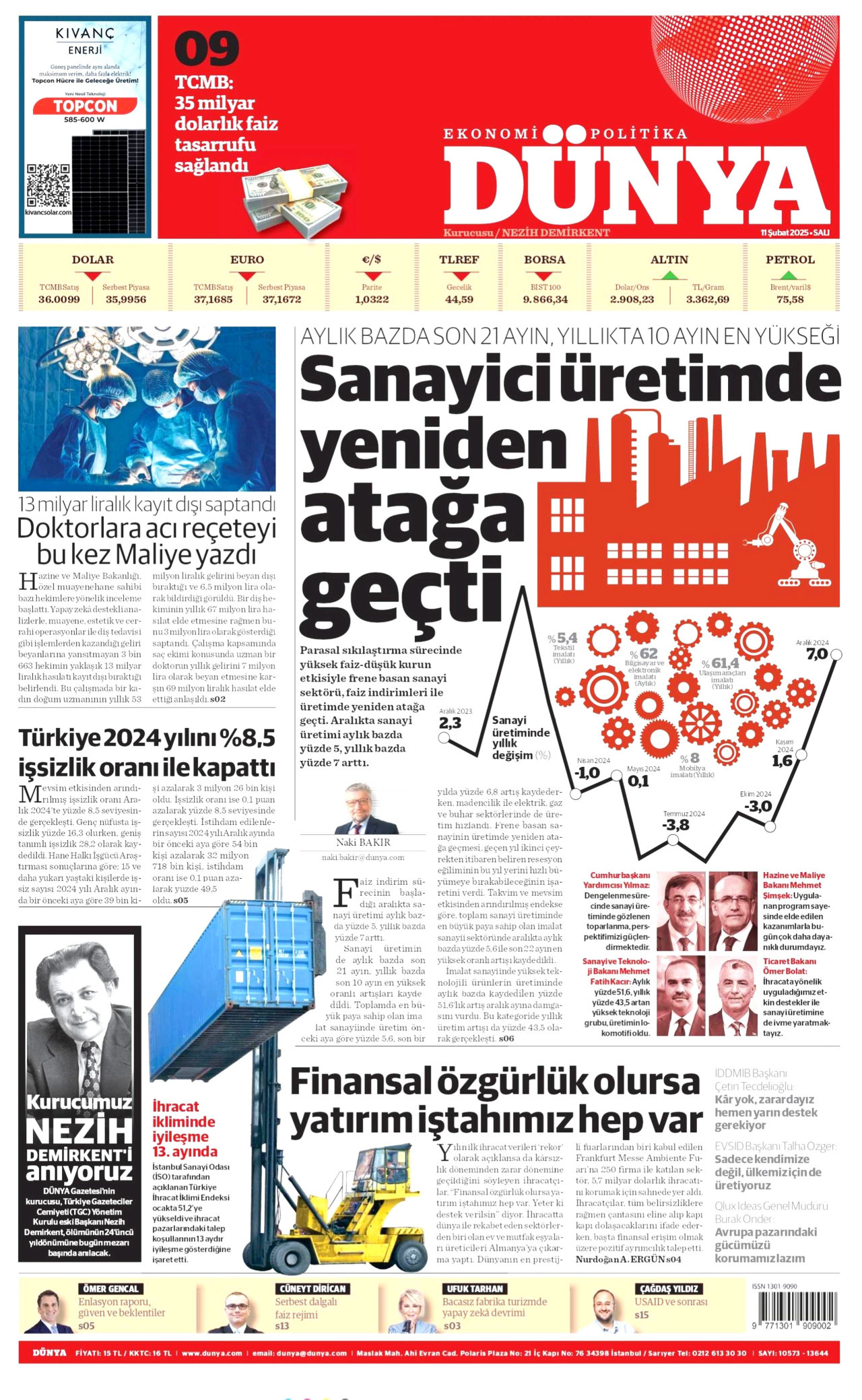 DÜNYA gazetesinin 11 Şubat 2025 tarihli birinci sayfası