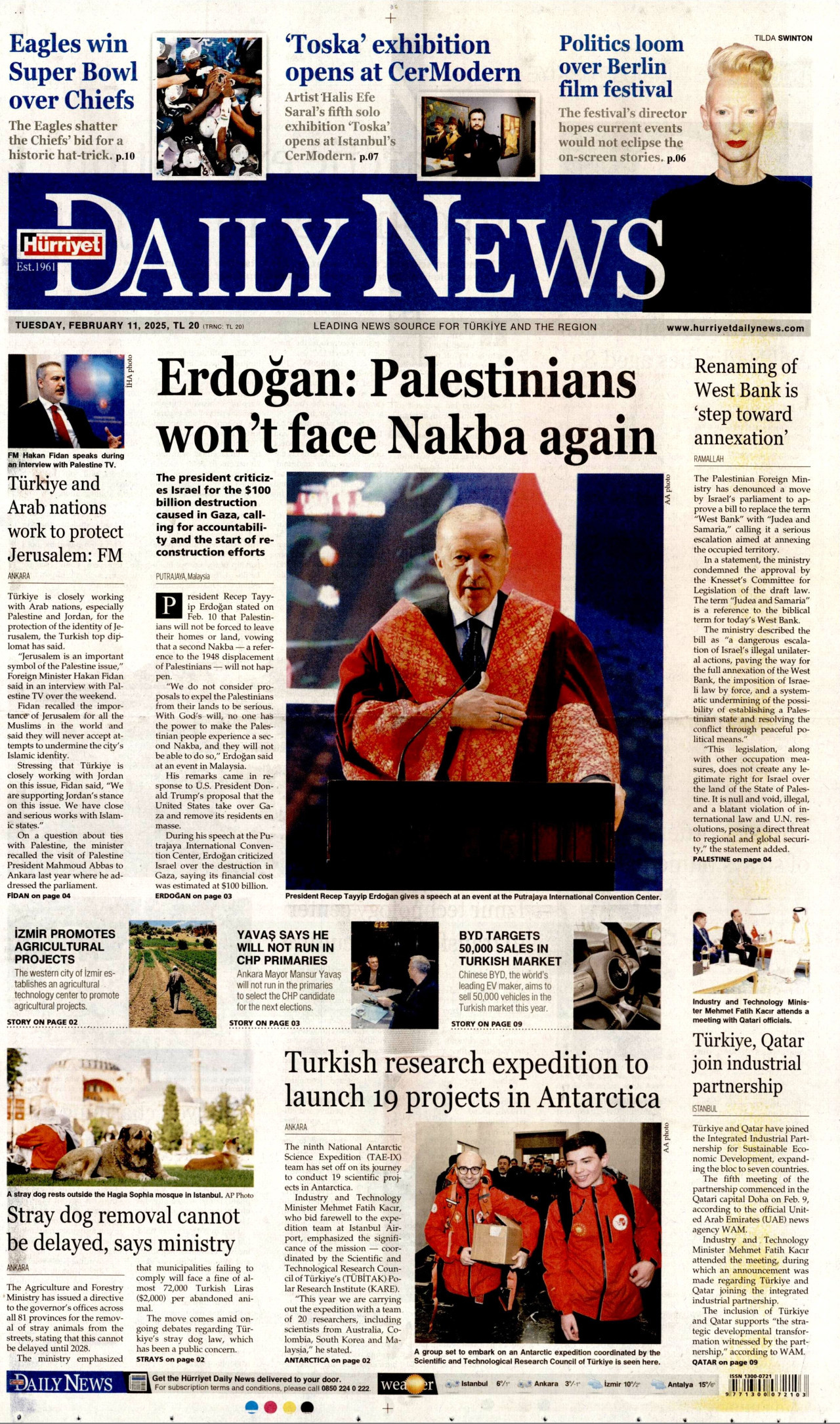 HÜRRİYET DAİLY NEWS gazetesinin 11 Şubat 2025 tarihli birinci sayfası