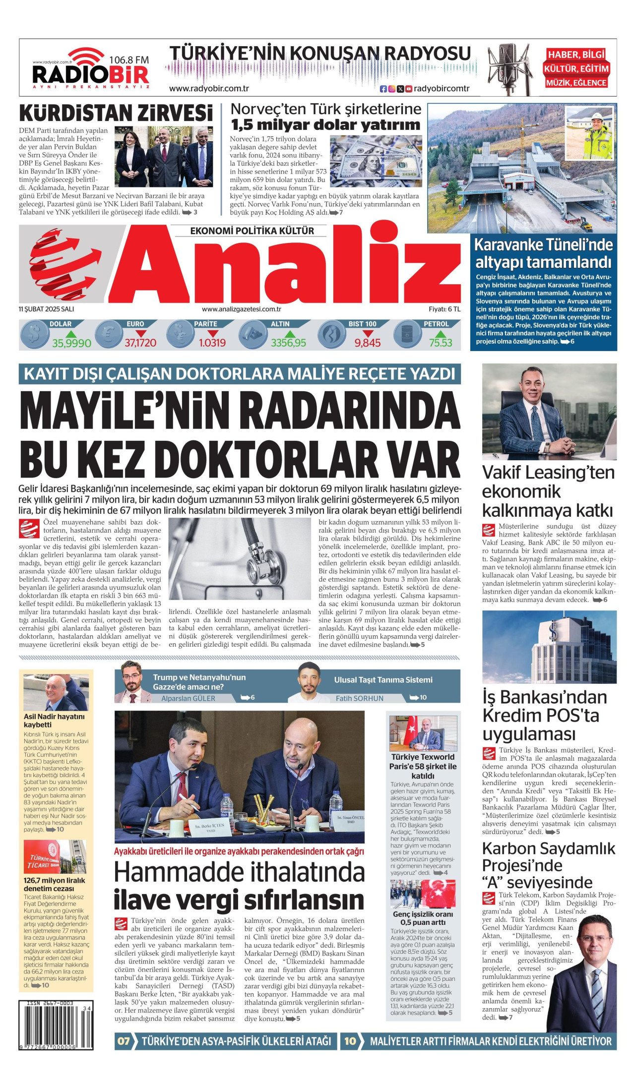ANALİZ gazetesinin 11 Şubat 2025 tarihli birinci sayfası