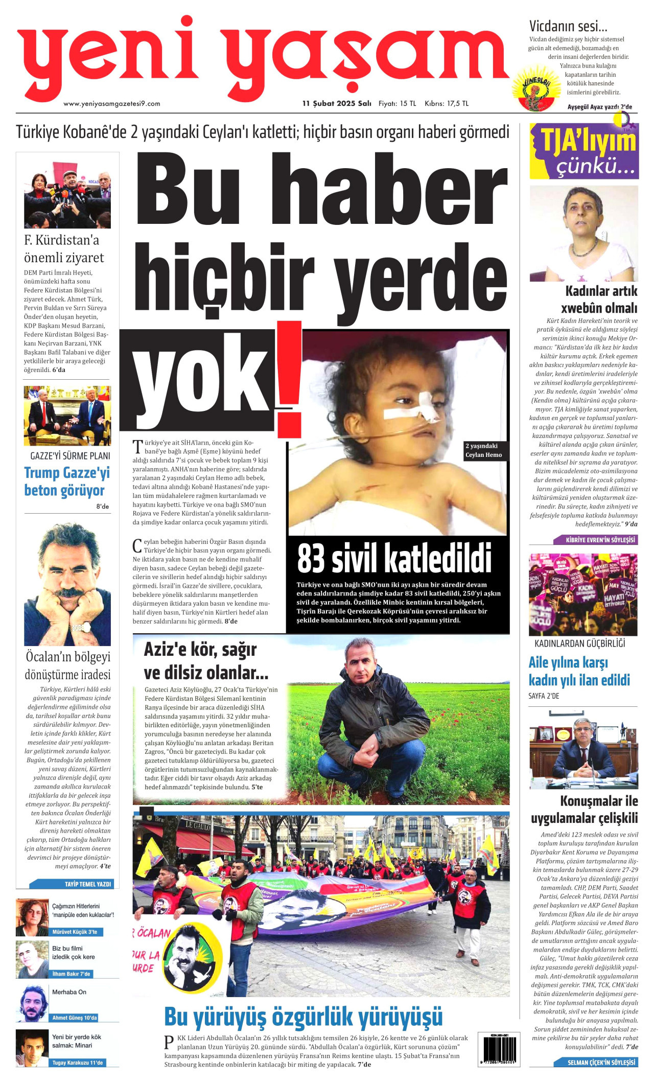 YENİ YAŞAM gazetesinin 11 Şubat 2025 tarihli birinci sayfası