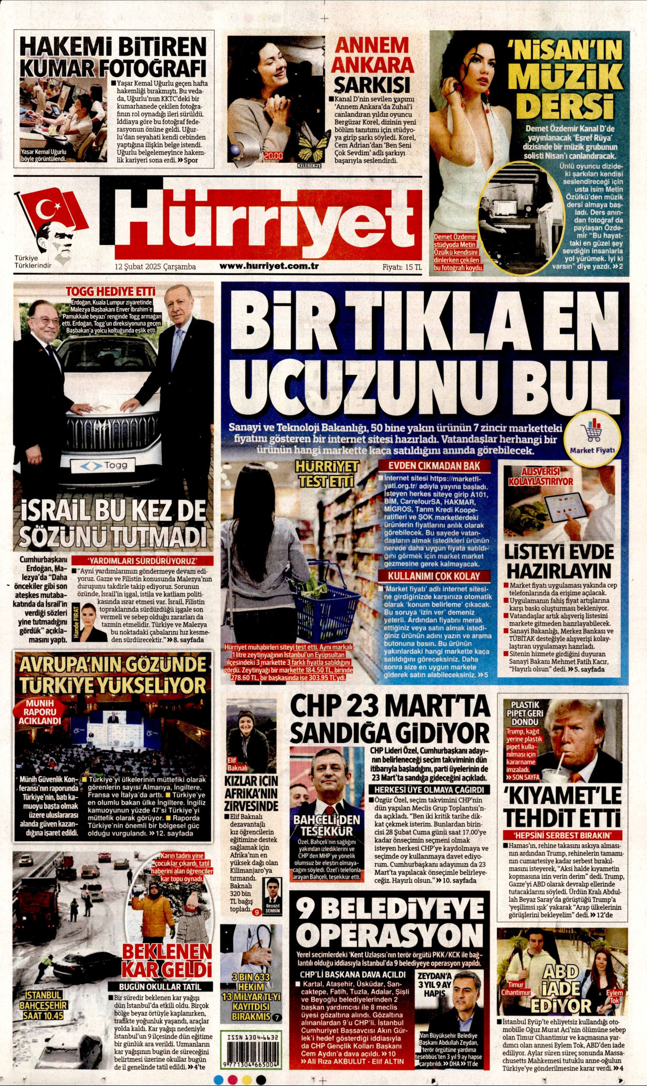 HÜRRİYET gazetesinin 12 Şubat 2025 tarihli birinci sayfası