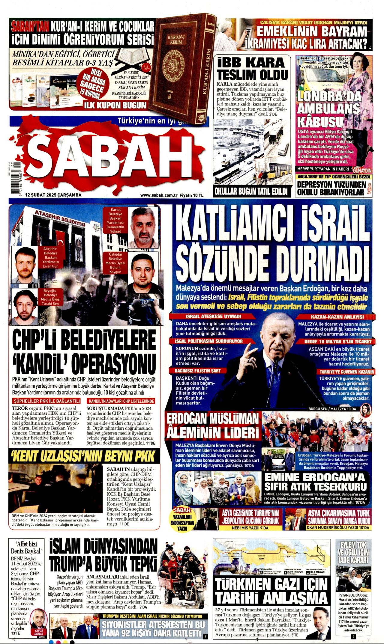 SABAH gazetesinin 12 Şubat 2025 tarihli birinci sayfası