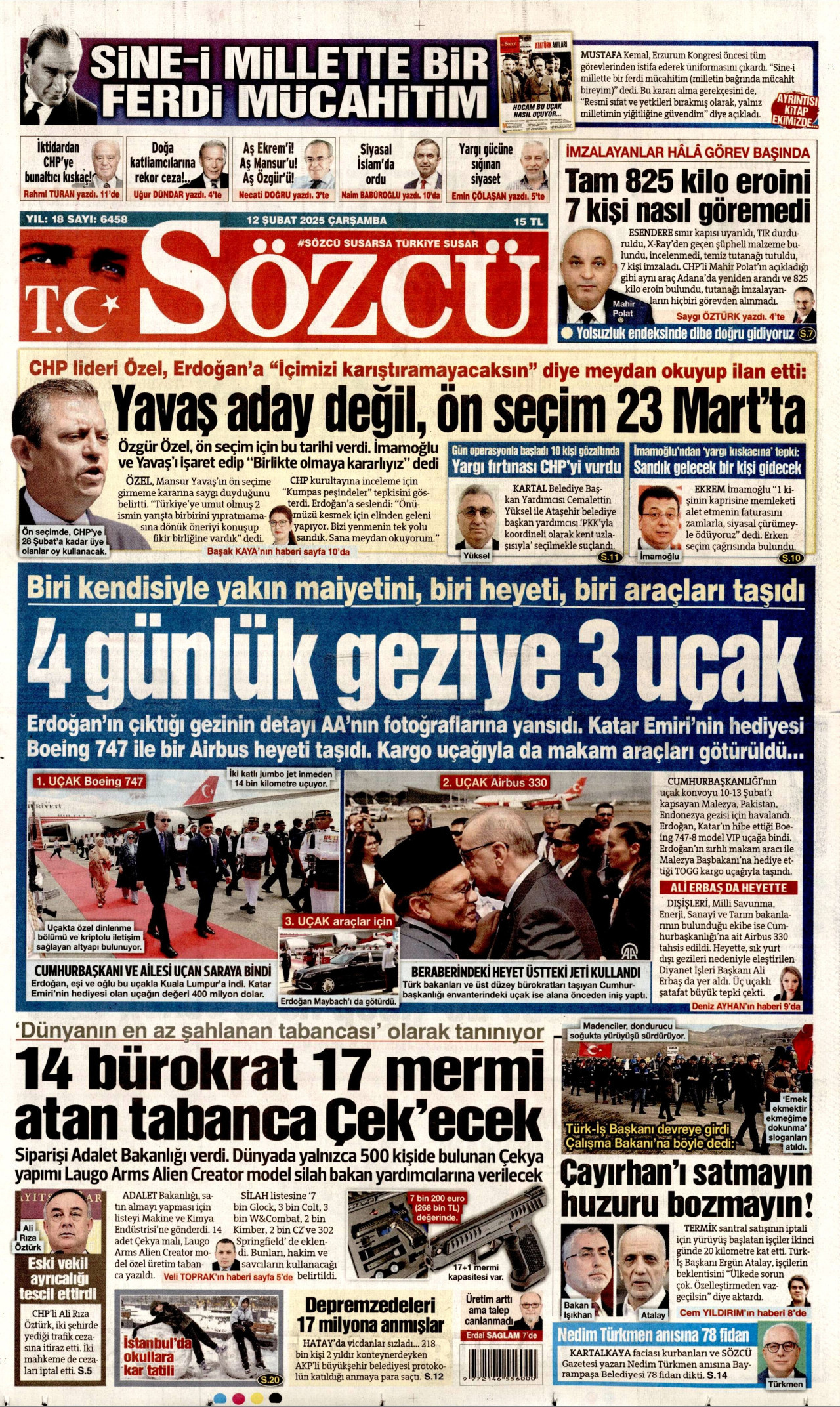SÖZCÜ gazetesinin 12 Şubat 2025 tarihli birinci sayfası