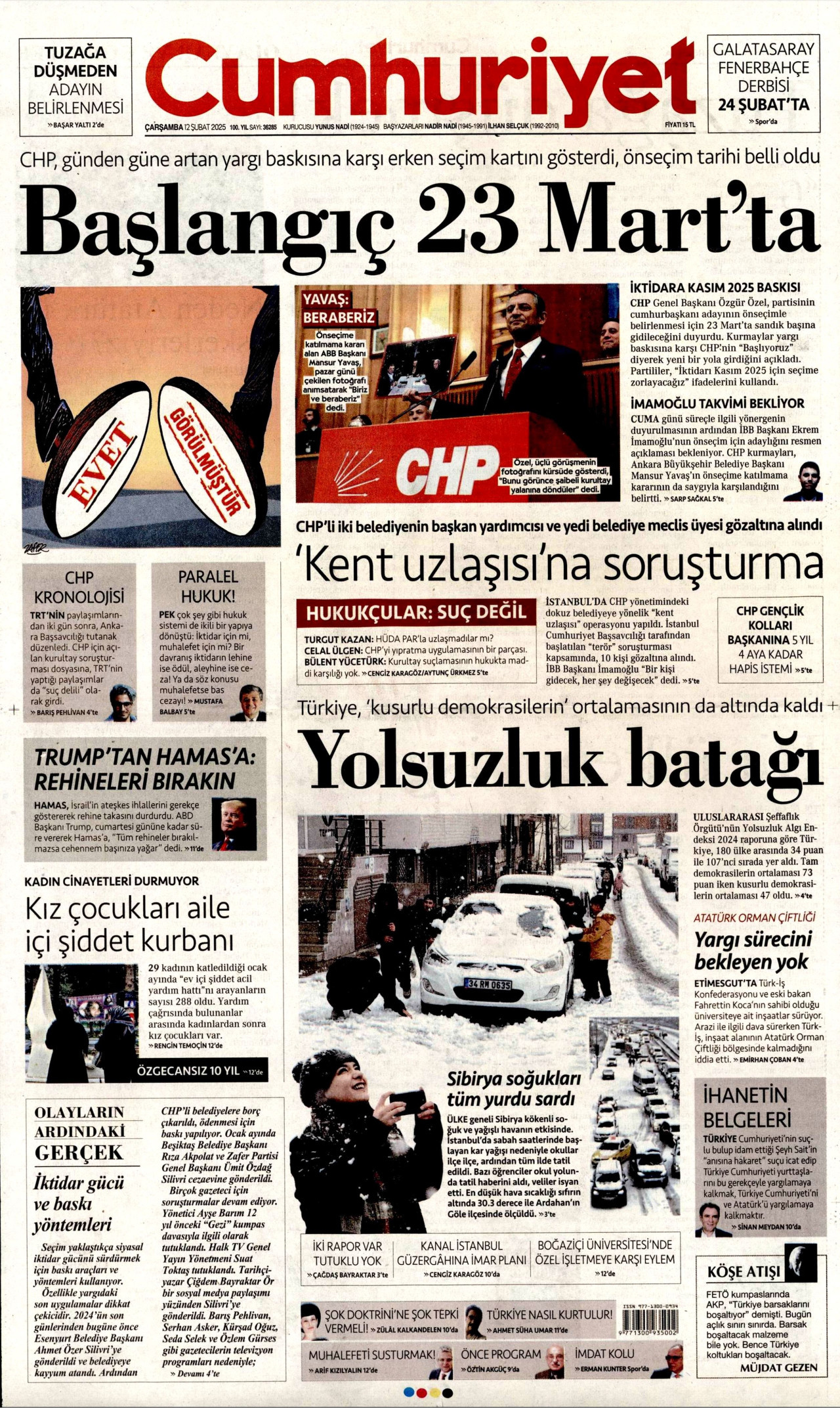 CUMHURİYET gazetesinin 12 Şubat 2025 tarihli birinci sayfası
