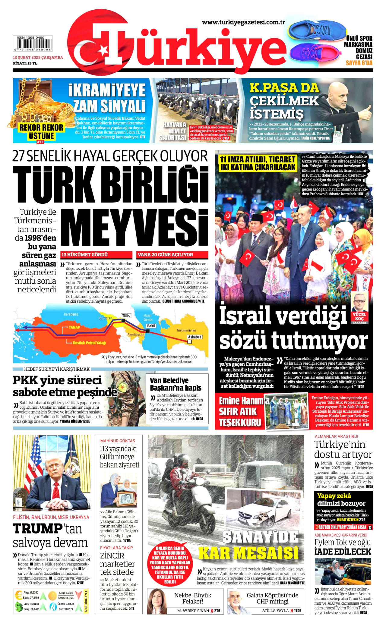 TÜRKİYE GAZETESİ gazetesinin 12 Şubat 2025 tarihli birinci sayfası