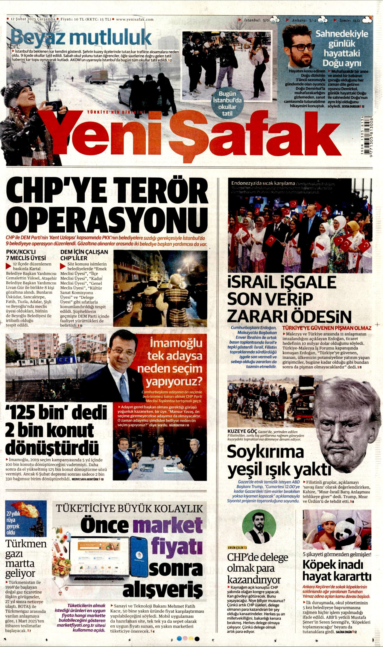YENİ ŞAFAK gazetesinin 12 Şubat 2025 tarihli birinci sayfası
