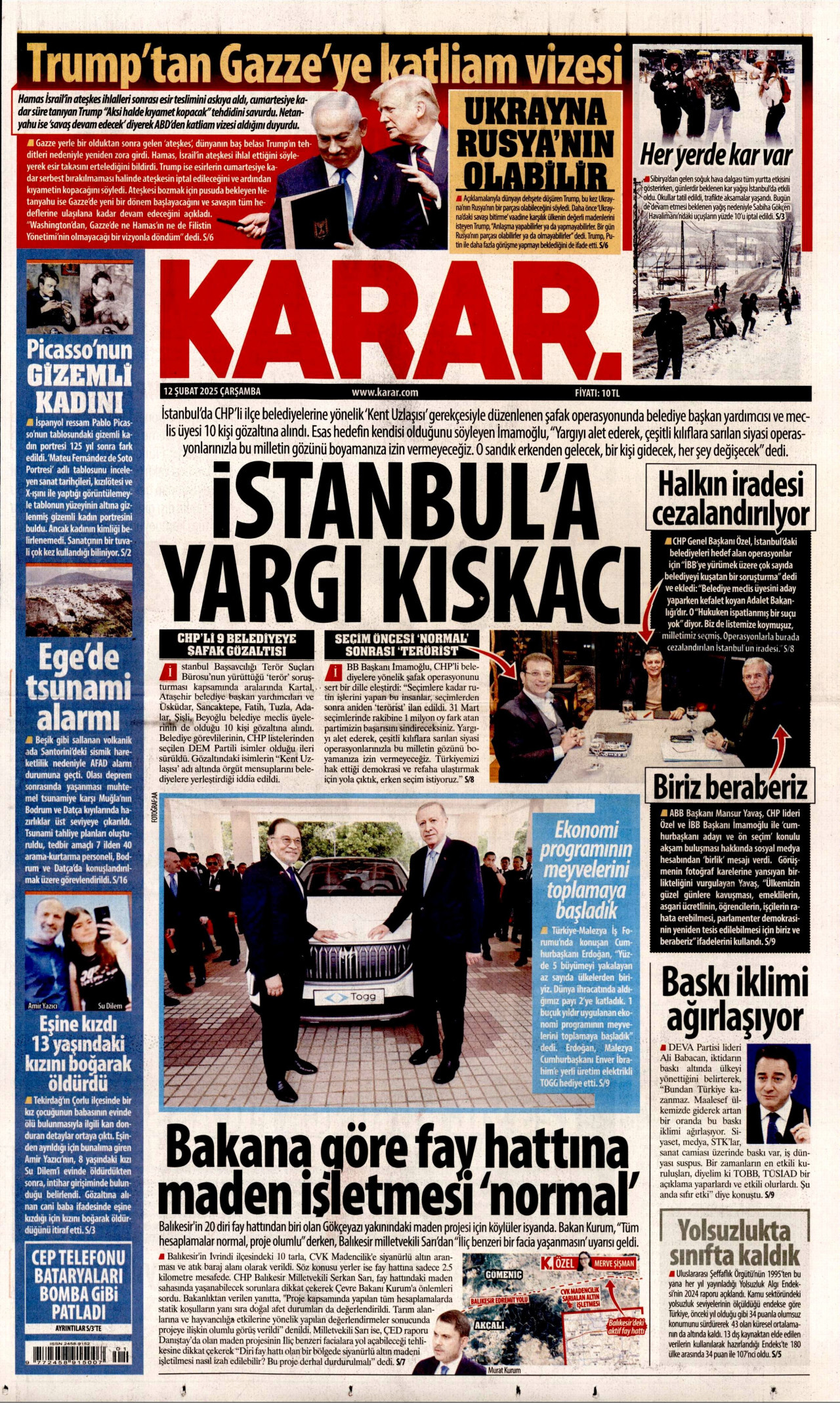 KARAR gazetesinin 12 Şubat 2025 tarihli birinci sayfası