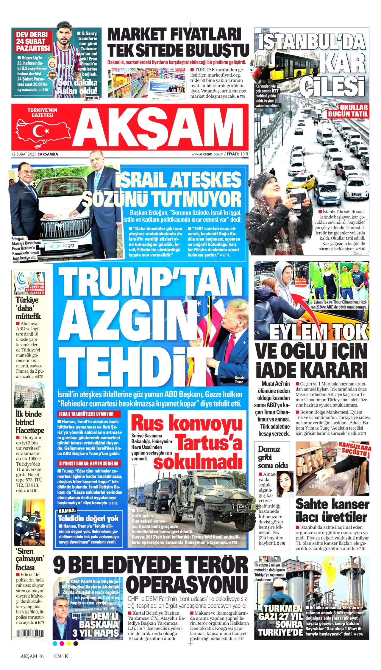AKŞAM gazetesinin 12 Şubat 2025 tarihli birinci sayfası