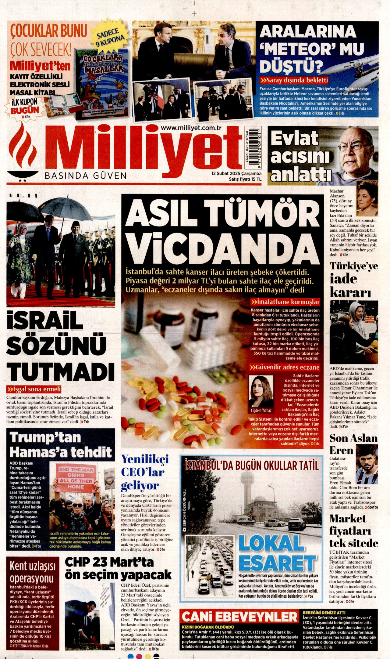 MİLLİYET gazetesinin 12 Şubat 2025 tarihli birinci sayfası