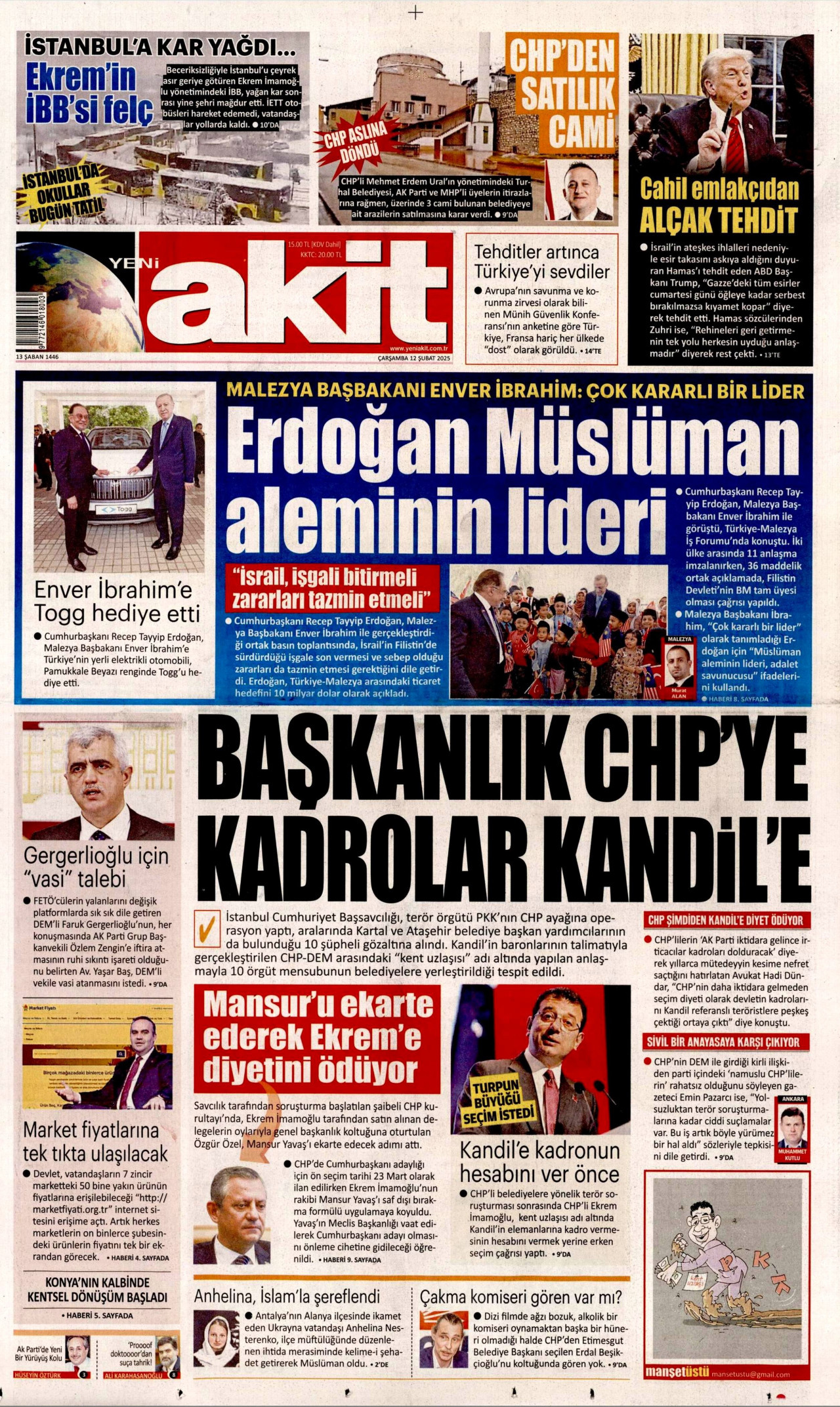 YENİ AKİT gazetesinin 12 Şubat 2025 tarihli birinci sayfası