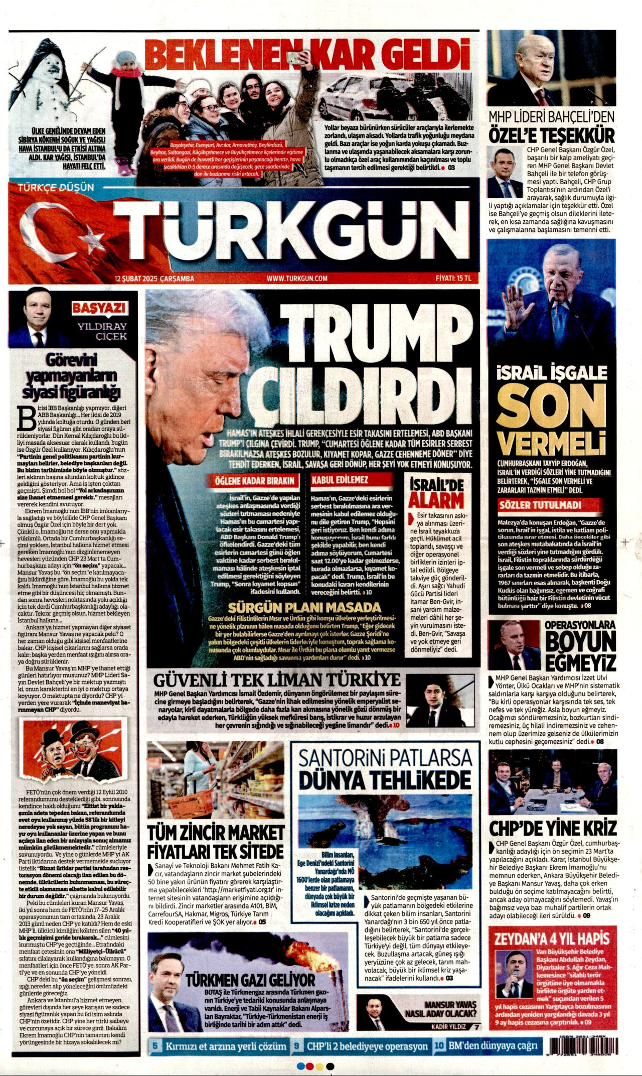 TÜRKGÜN gazetesinin 12 Şubat 2025 tarihli birinci sayfası