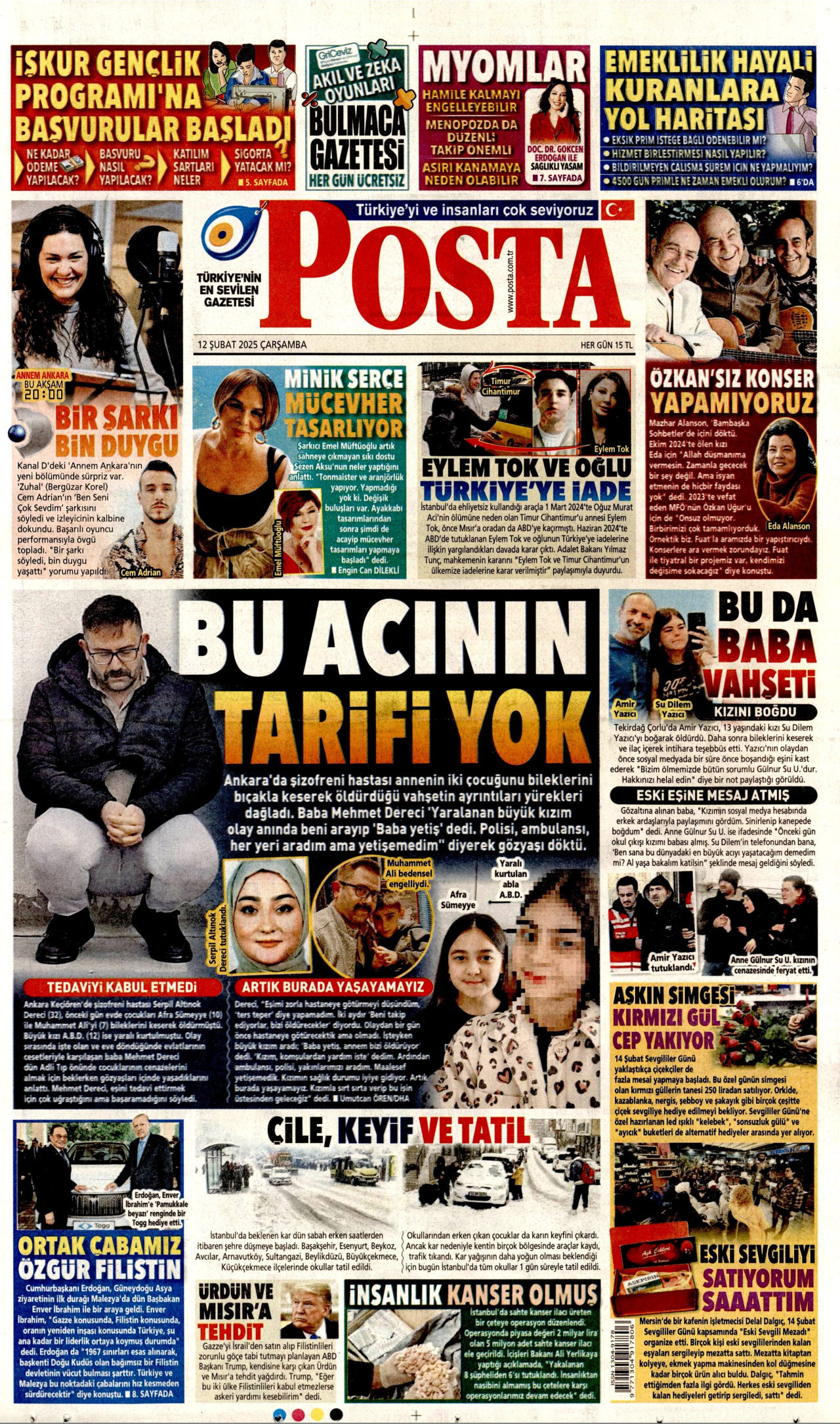 POSTA gazetesinin 12 Şubat 2025 tarihli birinci sayfası