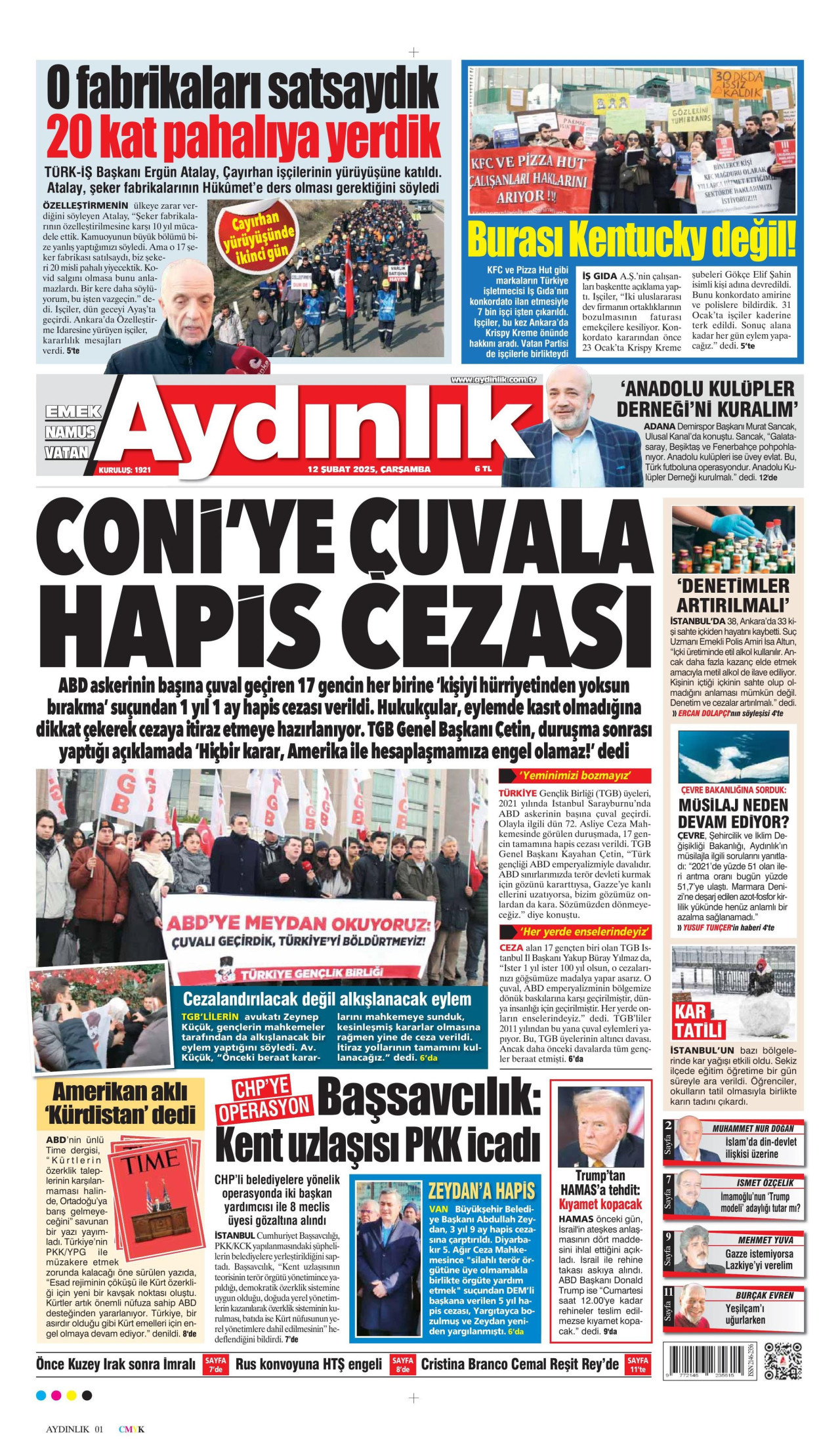 AYDINLIK GAZETESİ gazetesinin 12 Şubat 2025 tarihli birinci sayfası