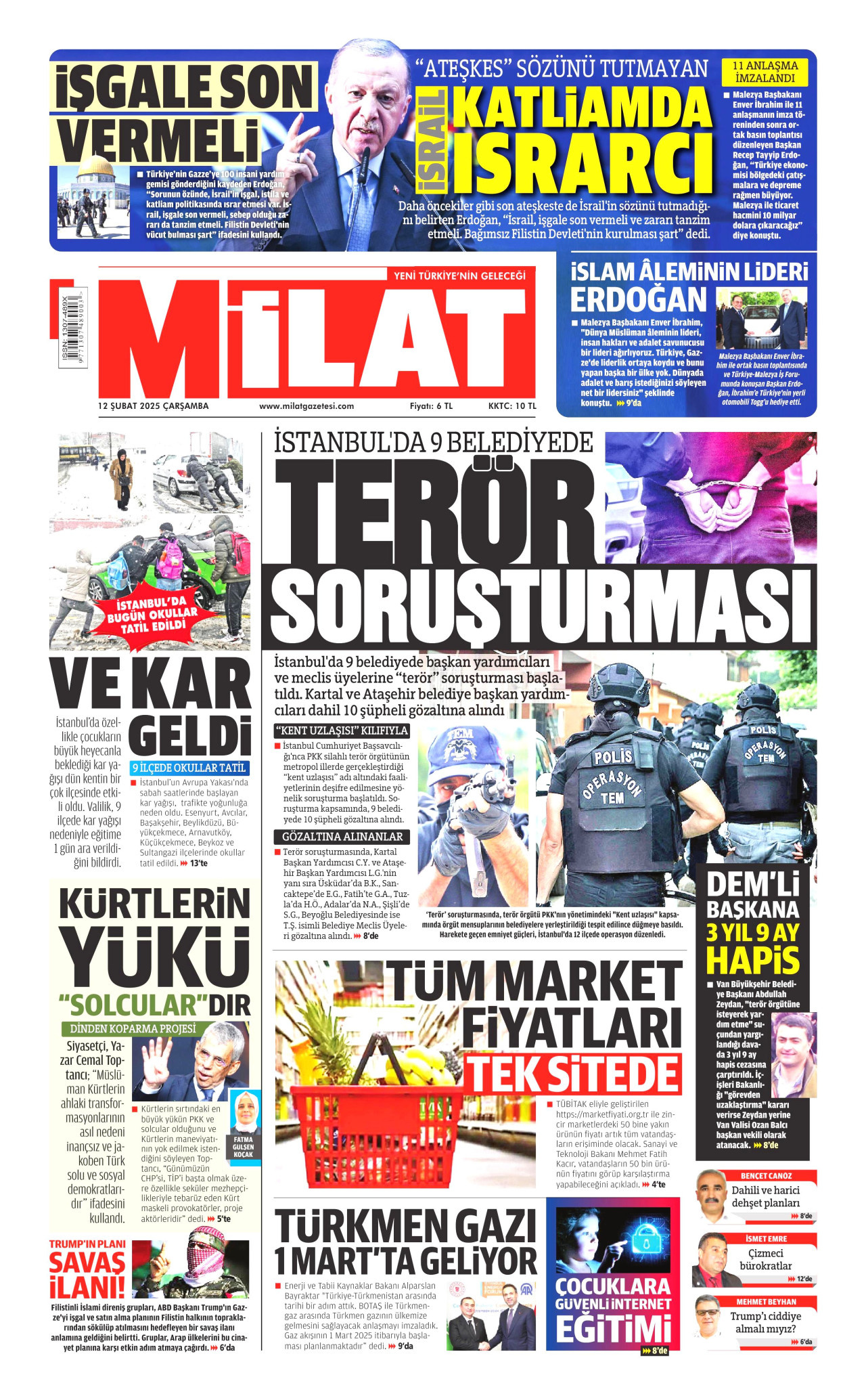 MİLAT gazetesinin 12 Şubat 2025 tarihli birinci sayfası