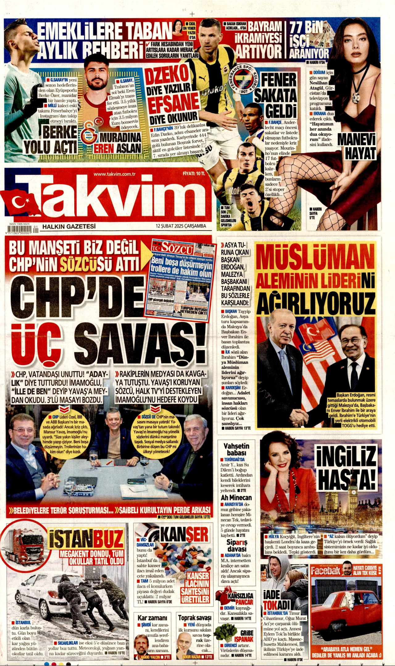 TAKVİM gazetesinin 12 Şubat 2025 tarihli birinci sayfası