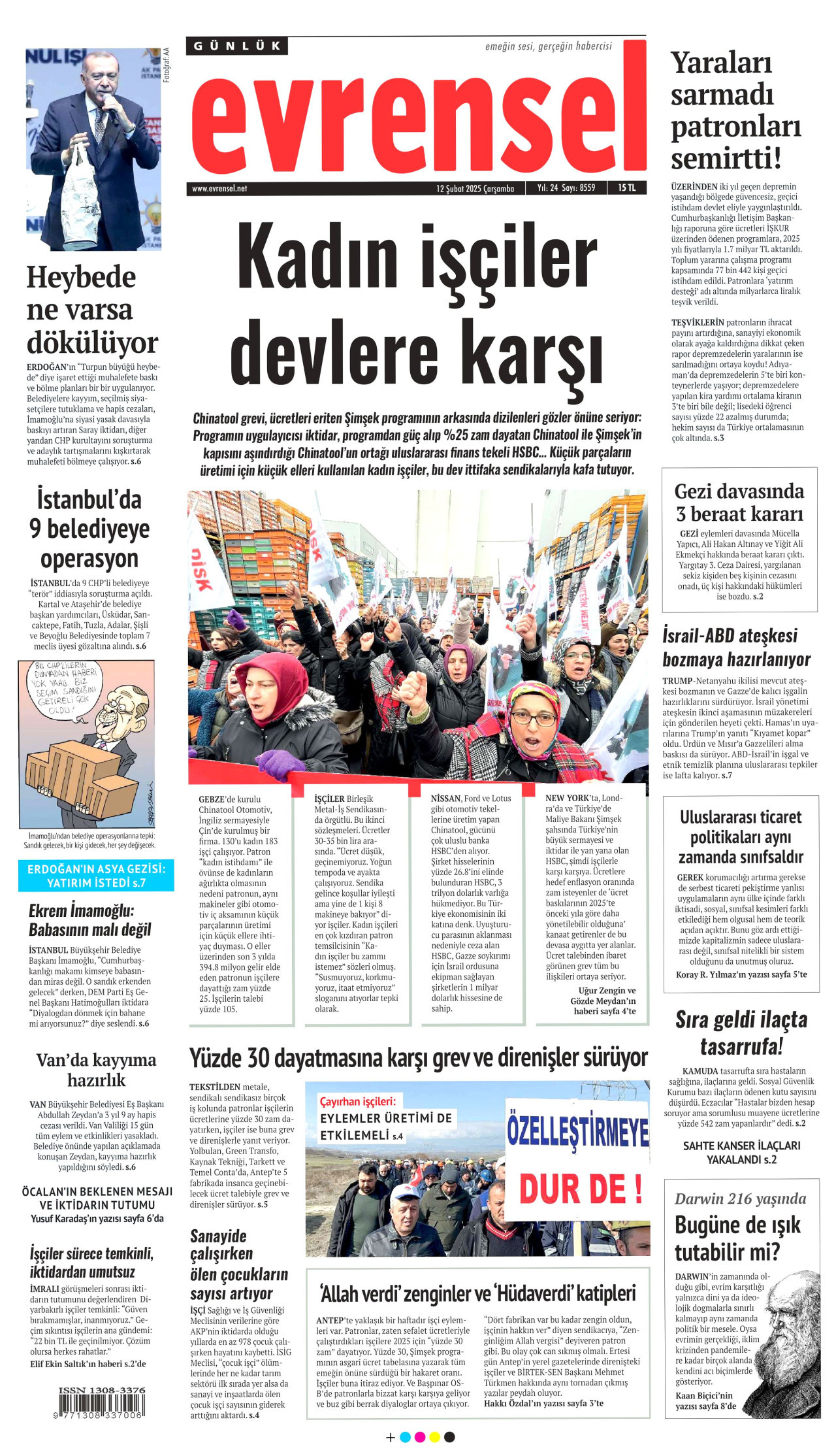 EVRENSEL gazetesinin 12 Şubat 2025 tarihli birinci sayfası