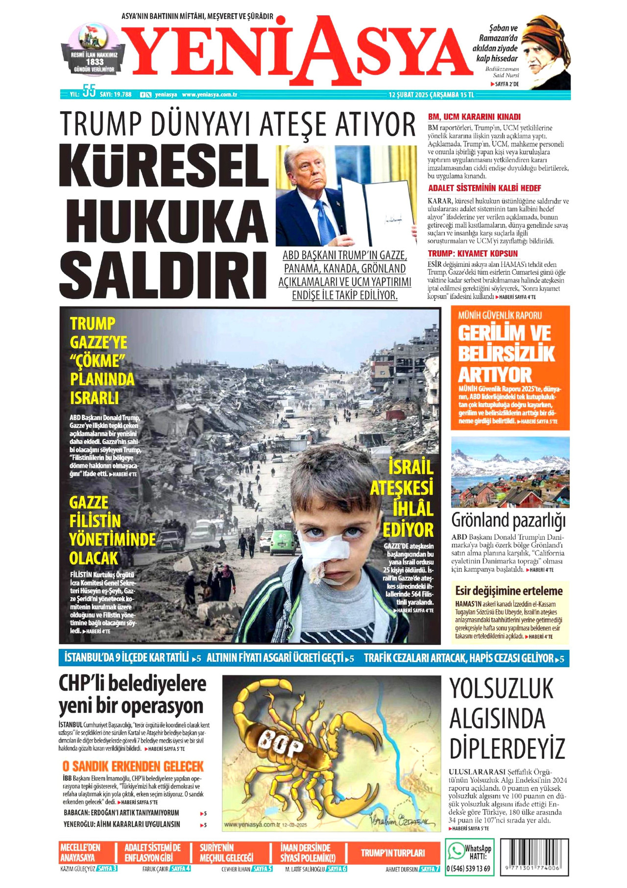 YENİ ASYA gazetesinin 12 Şubat 2025 tarihli birinci sayfası