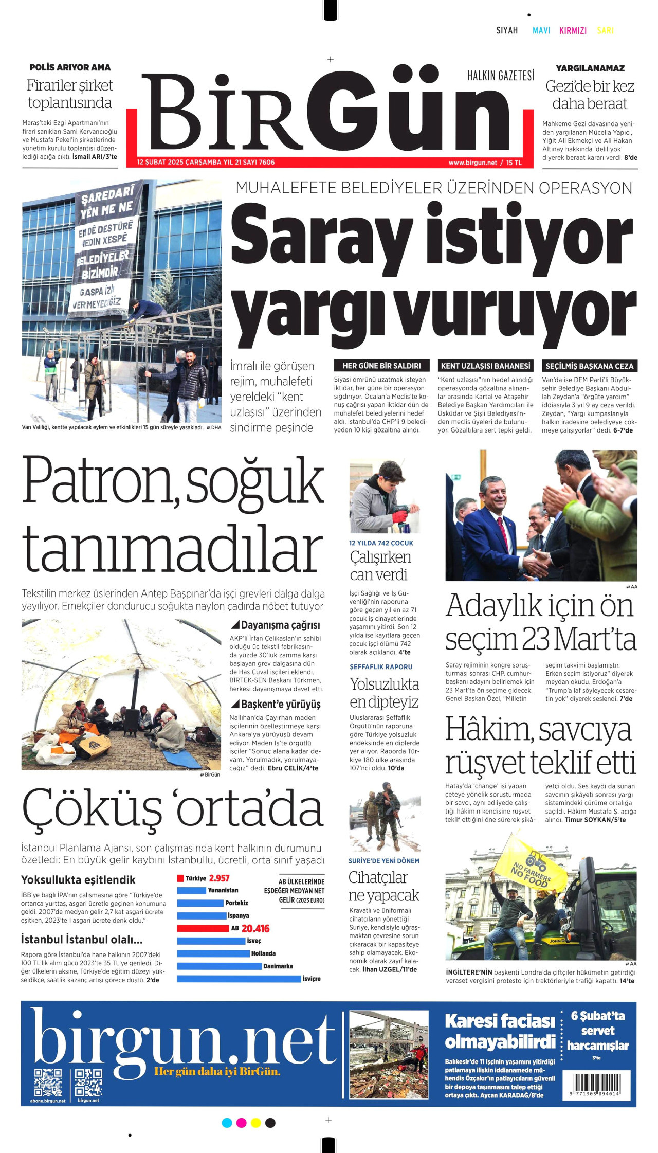 BİRGÜN gazetesinin 12 Şubat 2025 tarihli birinci sayfası