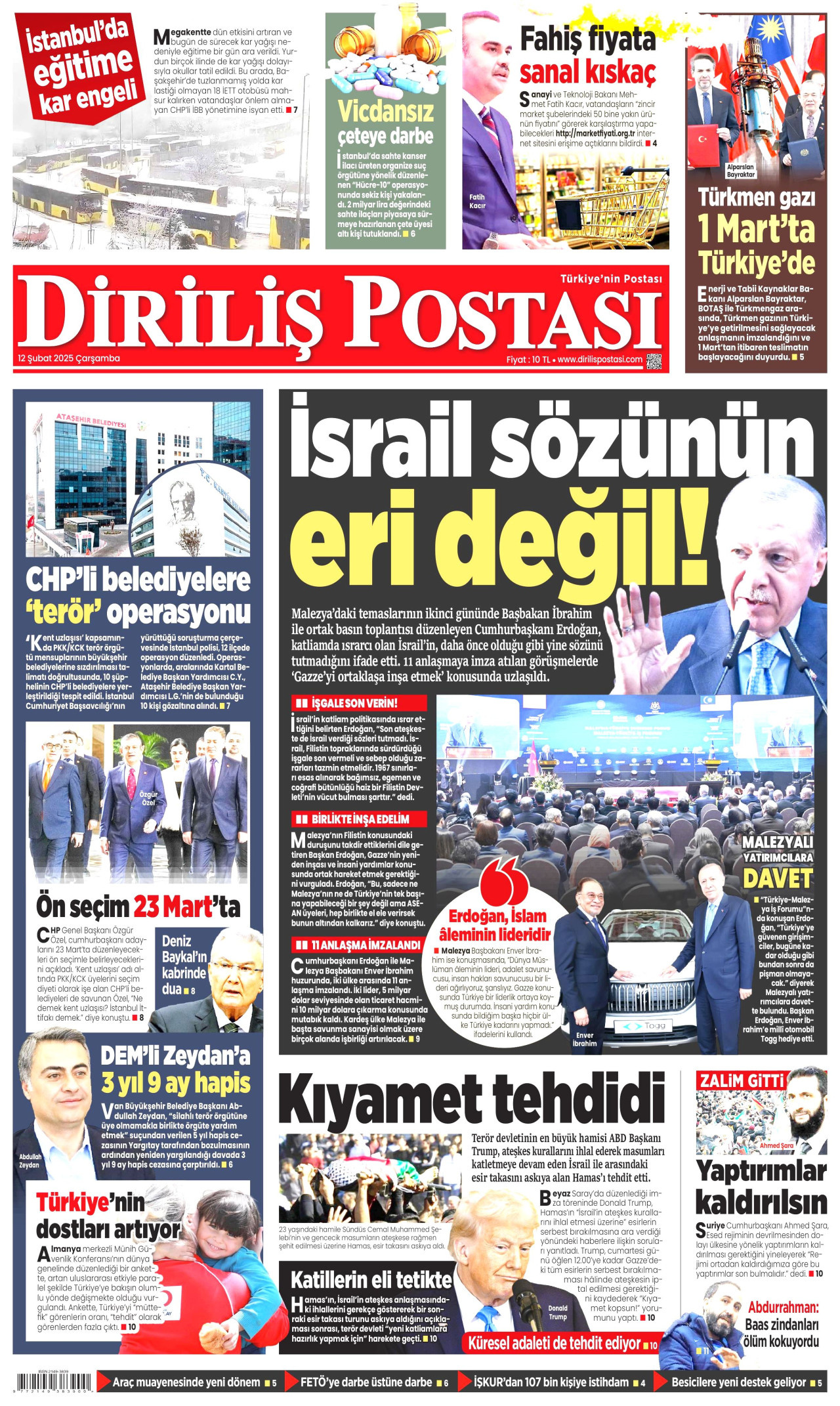 DİRİLİŞ POSTASI gazetesinin 12 Şubat 2025 tarihli birinci sayfası