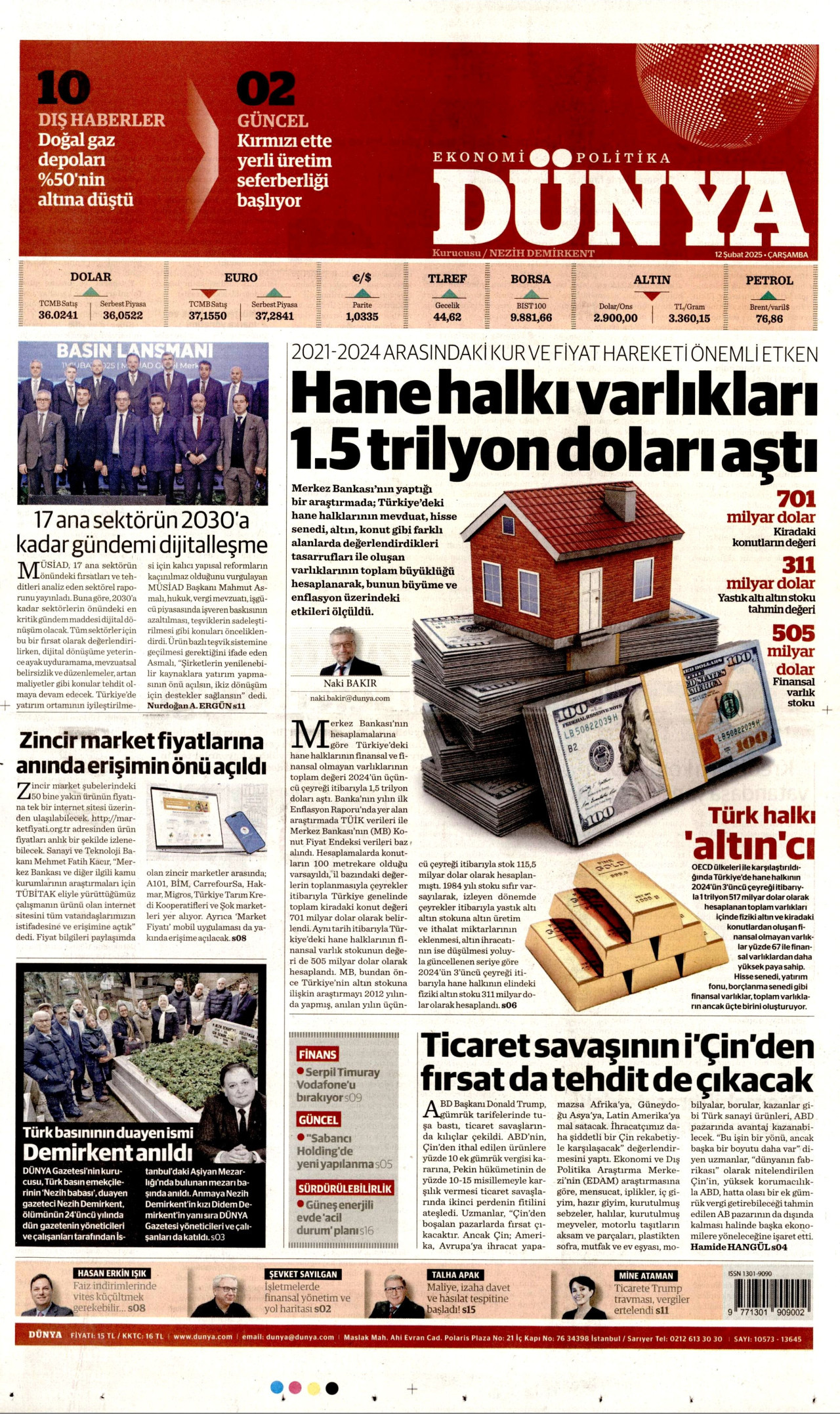 DÜNYA gazetesinin 12 Şubat 2025 tarihli birinci sayfası