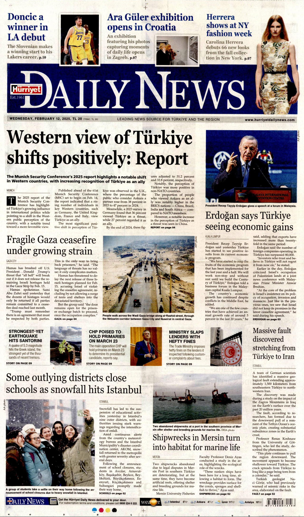 HÜRRİYET DAİLY NEWS gazetesinin 12 Şubat 2025 tarihli birinci sayfası