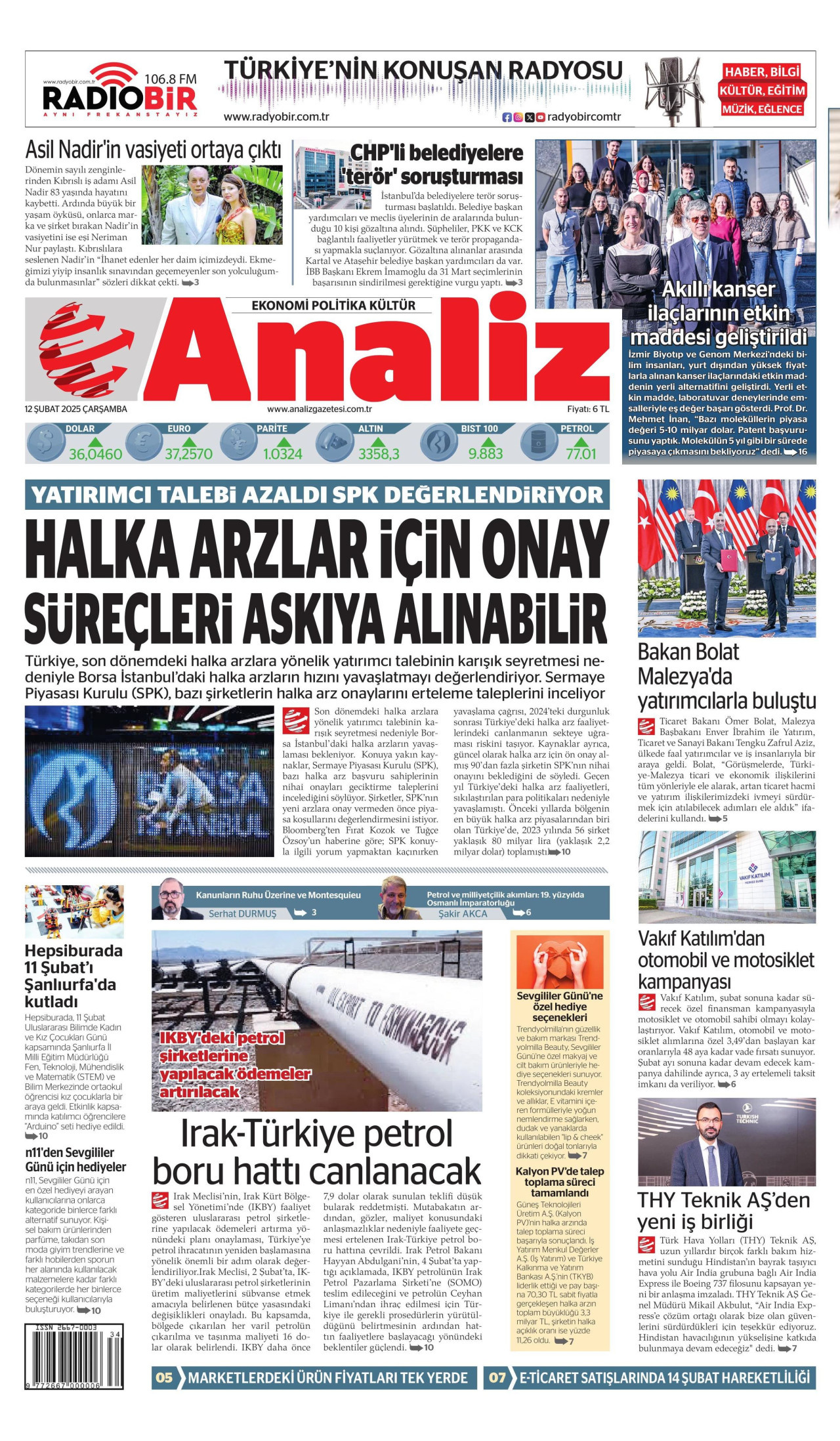 ANALİZ gazetesinin 12 Şubat 2025 tarihli birinci sayfası