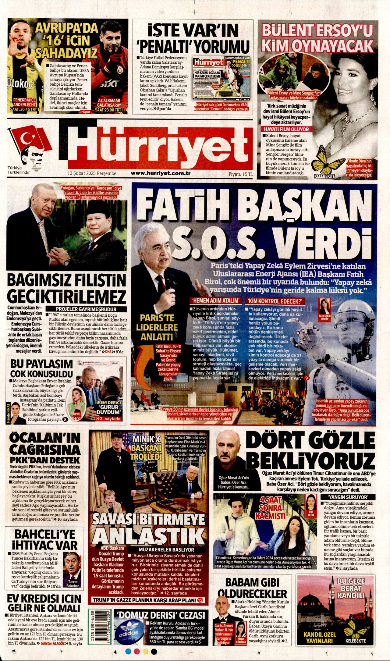 HÜRRİYET gazetesinin 13 Şubat 2025 tarihli birinci sayfası