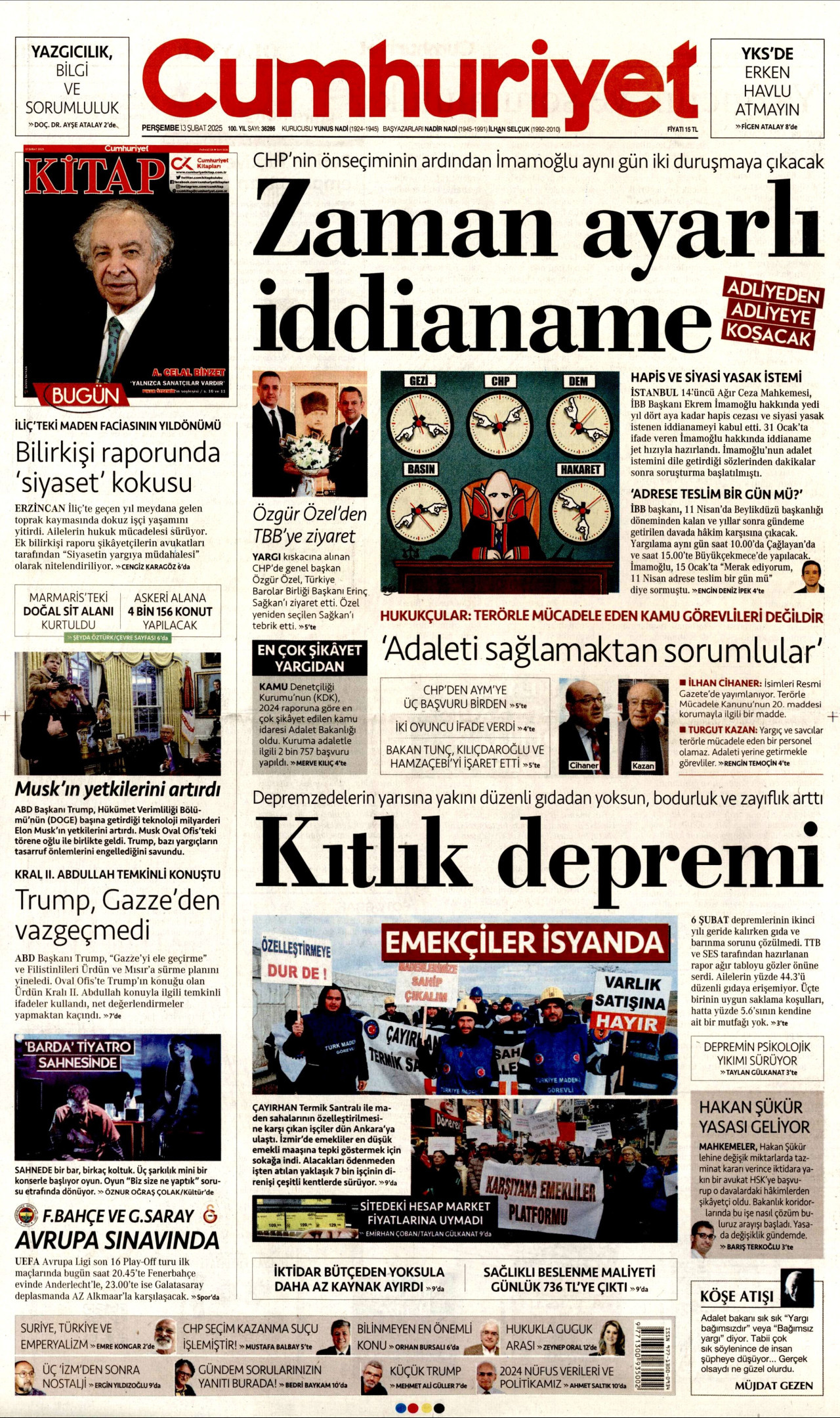 CUMHURİYET gazetesinin 13 Şubat 2025 tarihli birinci sayfası
