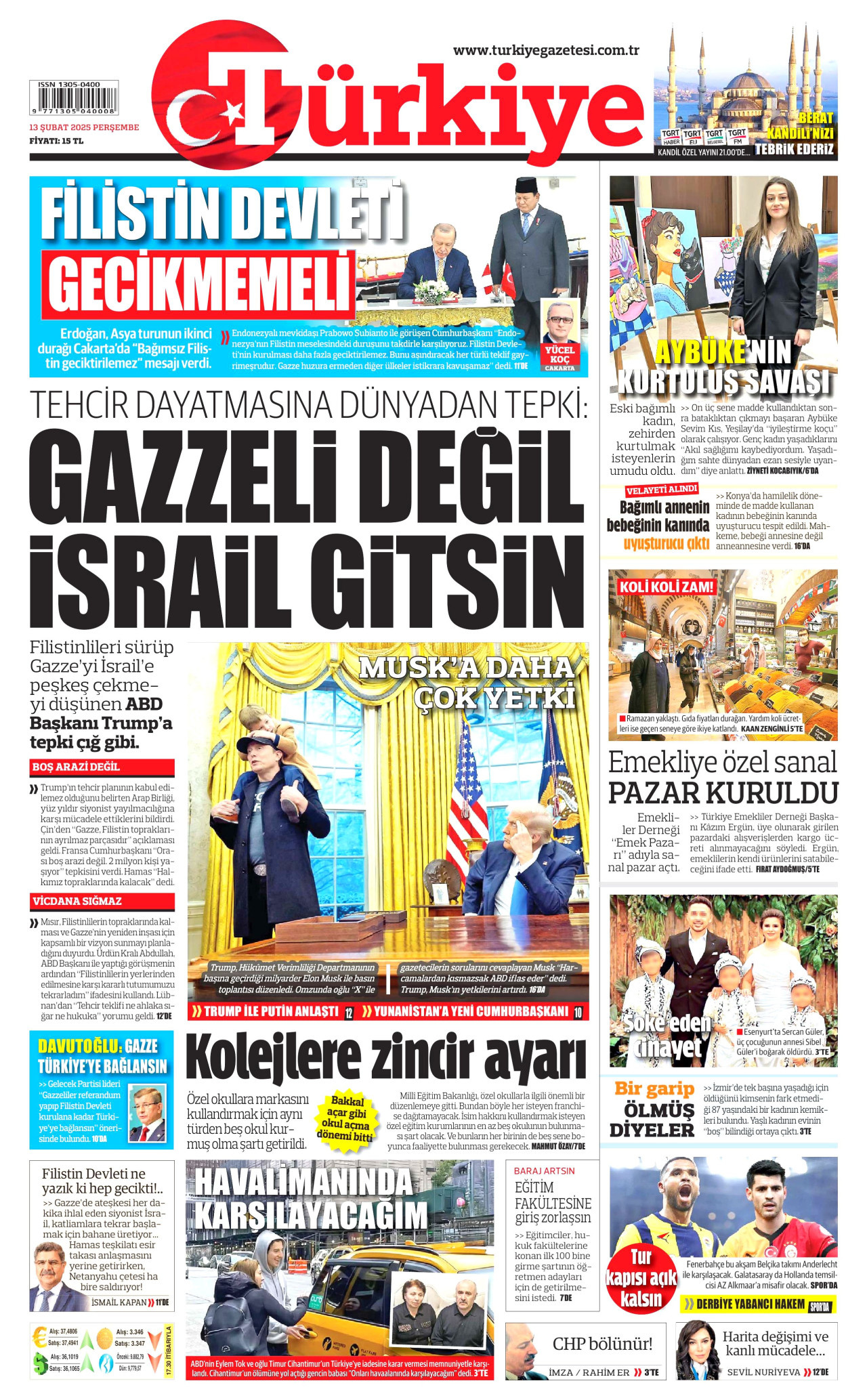TÜRKİYE GAZETESİ gazetesinin 13 Şubat 2025 tarihli birinci sayfası