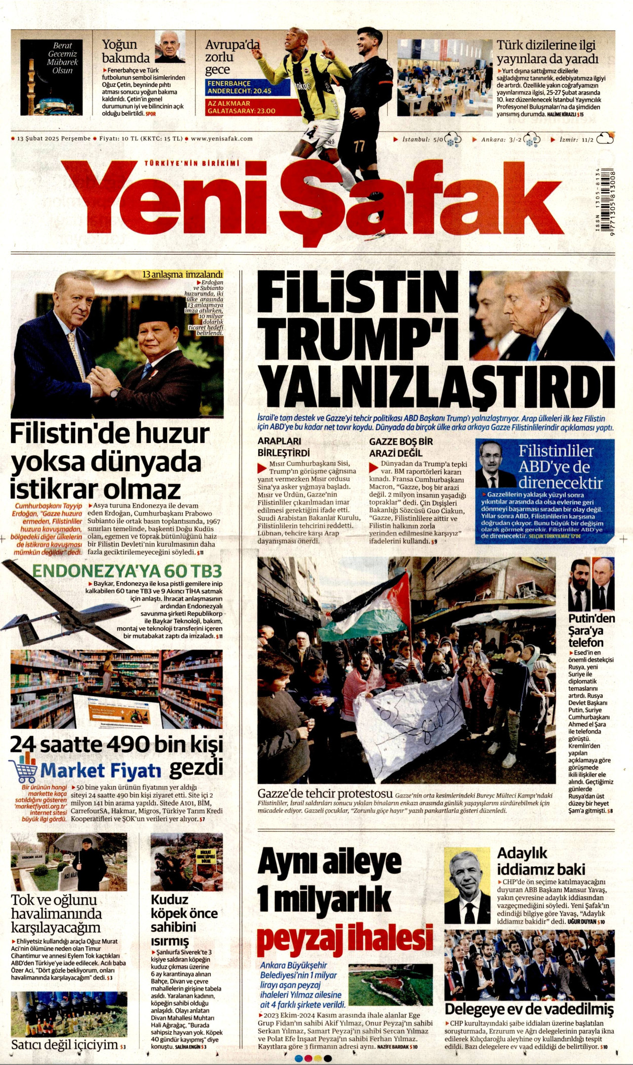 YENİ ŞAFAK gazetesinin 13 Şubat 2025 tarihli birinci sayfası