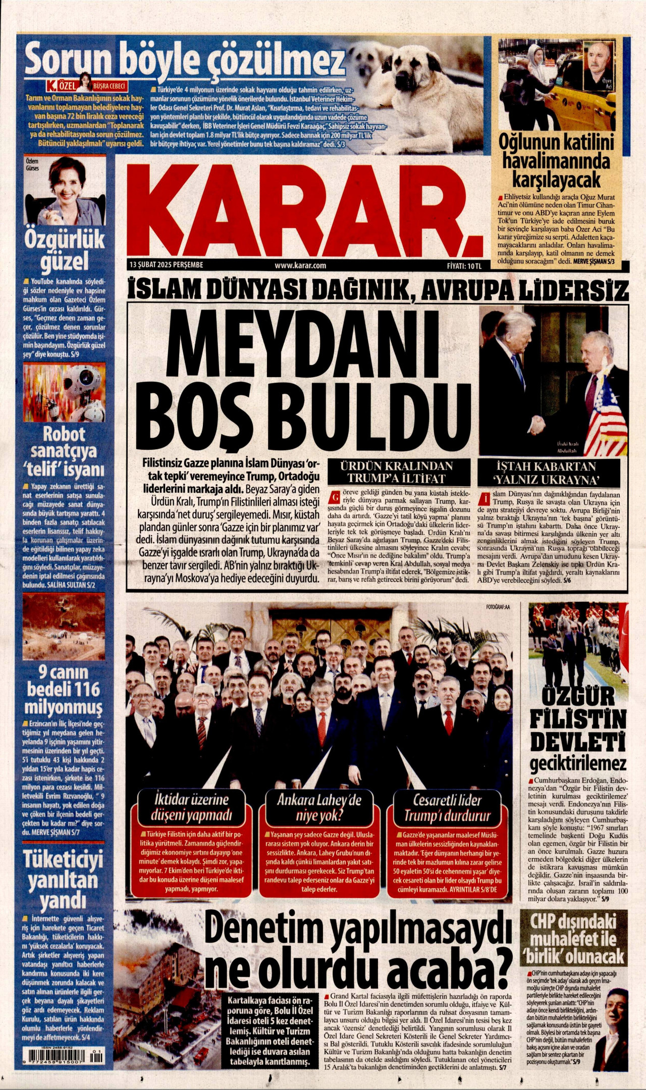 KARAR gazetesinin 13 Şubat 2025 tarihli birinci sayfası