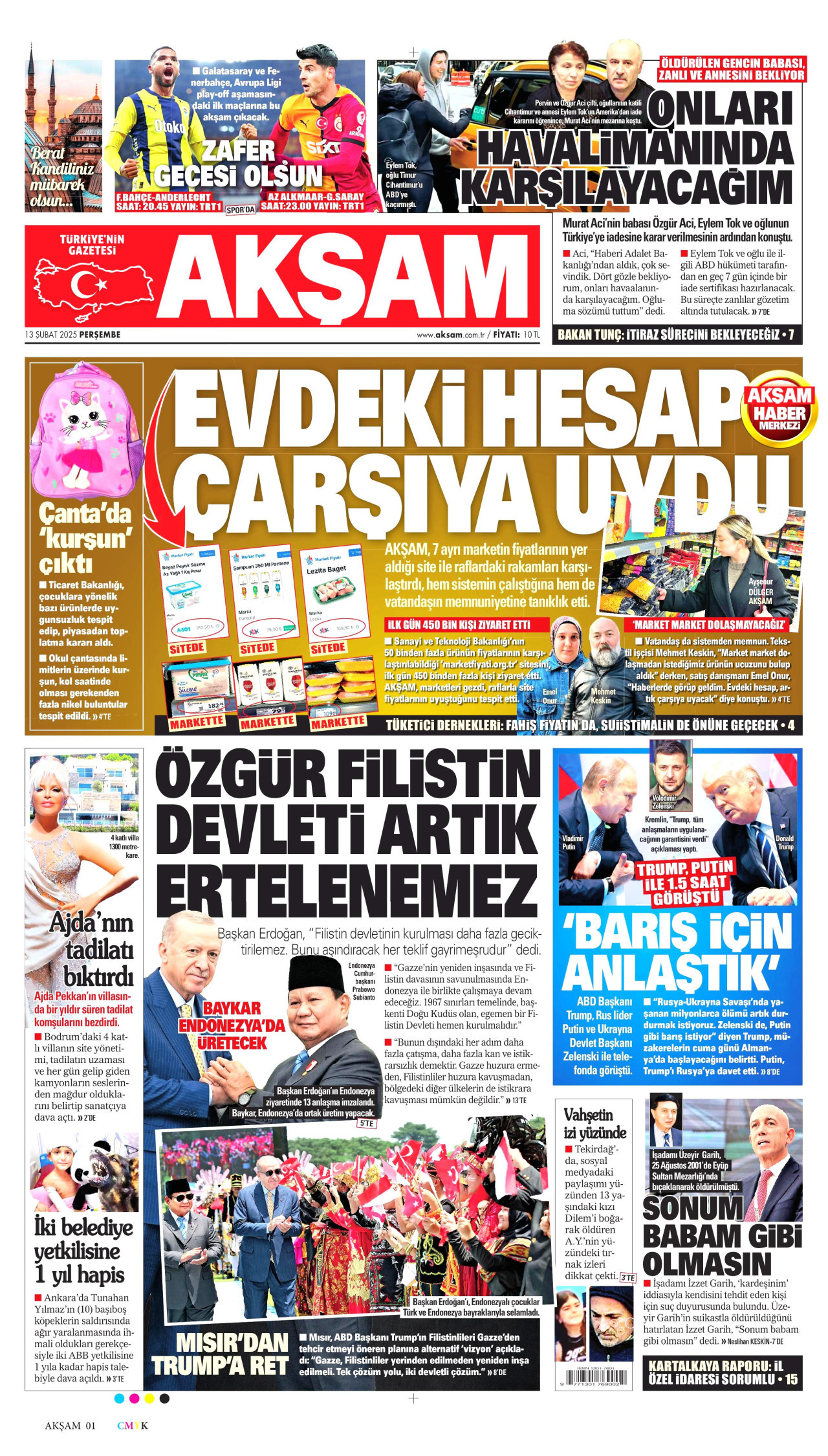 AKŞAM gazetesinin 13 Şubat 2025 tarihli birinci sayfası