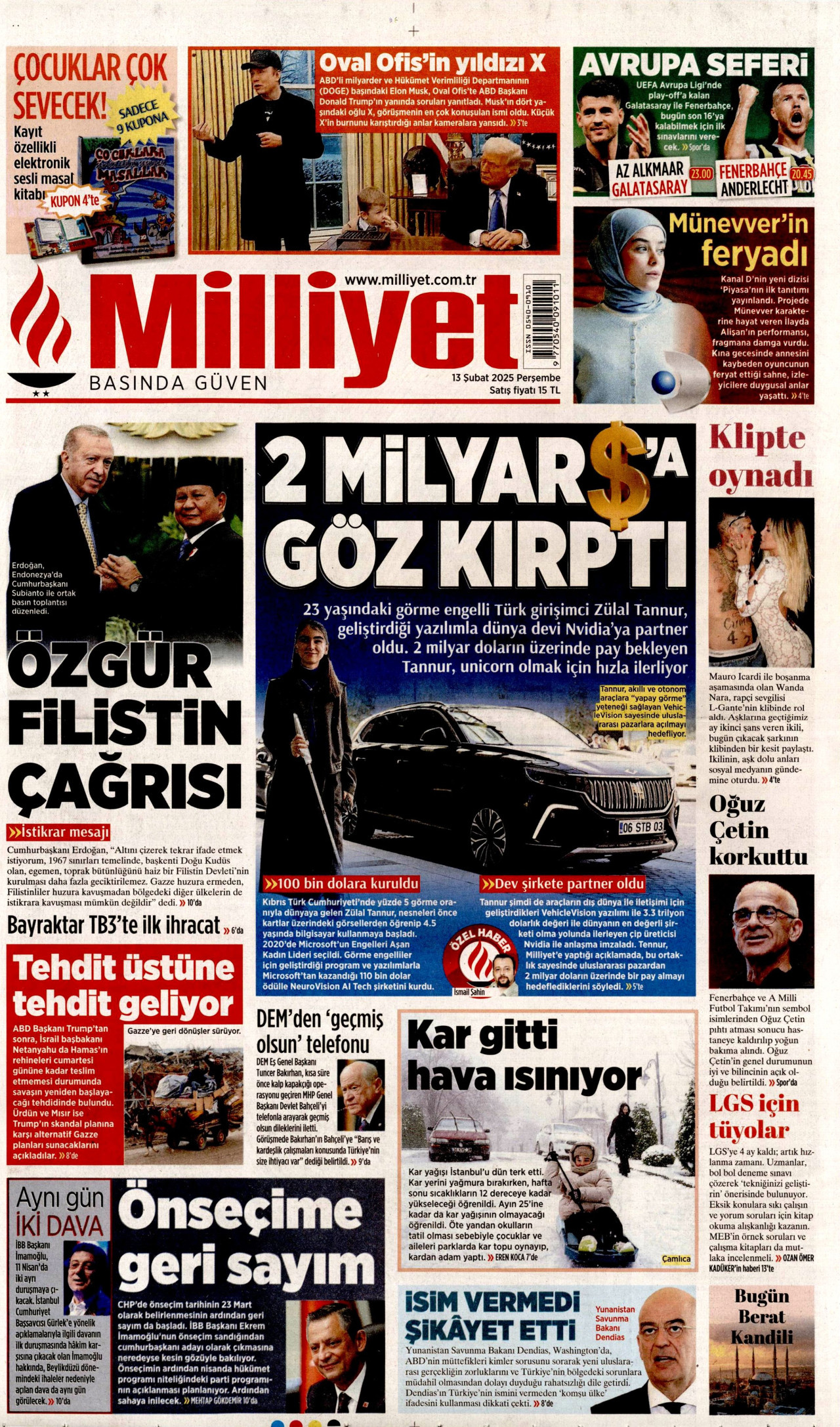 MİLLİYET gazetesinin 13 Şubat 2025 tarihli birinci sayfası
