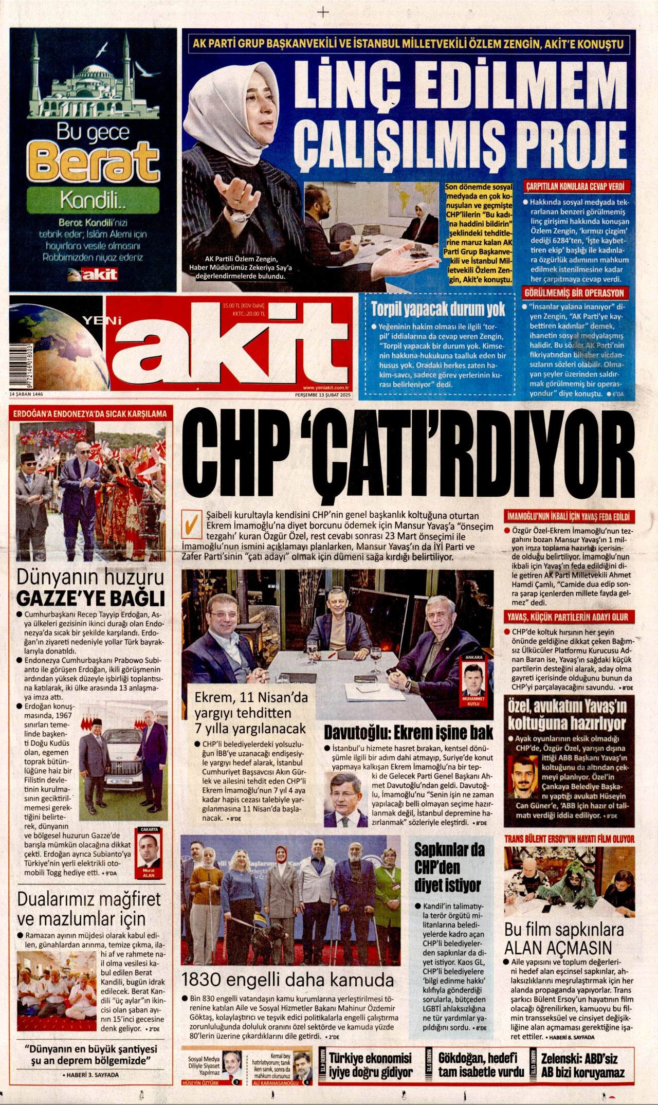YENİ AKİT gazetesinin 13 Şubat 2025 tarihli birinci sayfası