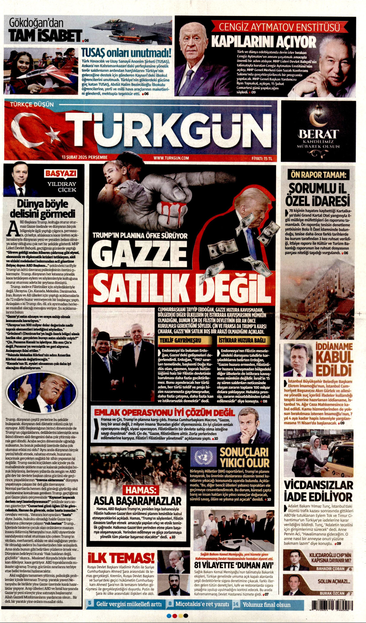 TÜRKGÜN gazetesinin 13 Şubat 2025 tarihli birinci sayfası