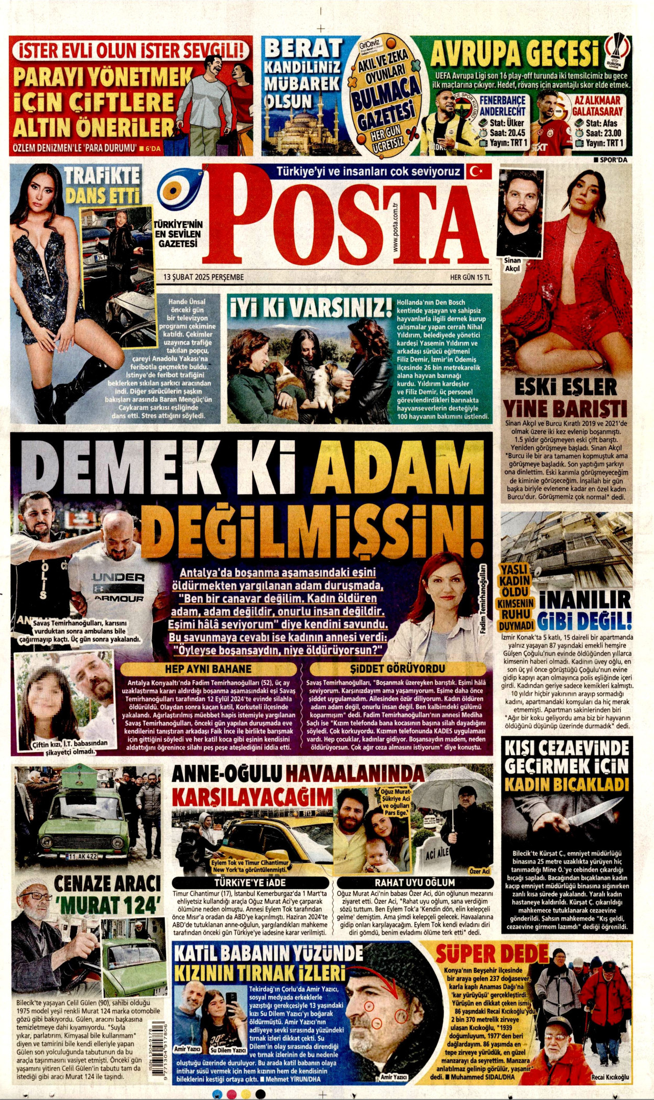 POSTA gazetesinin 13 Şubat 2025 tarihli birinci sayfası