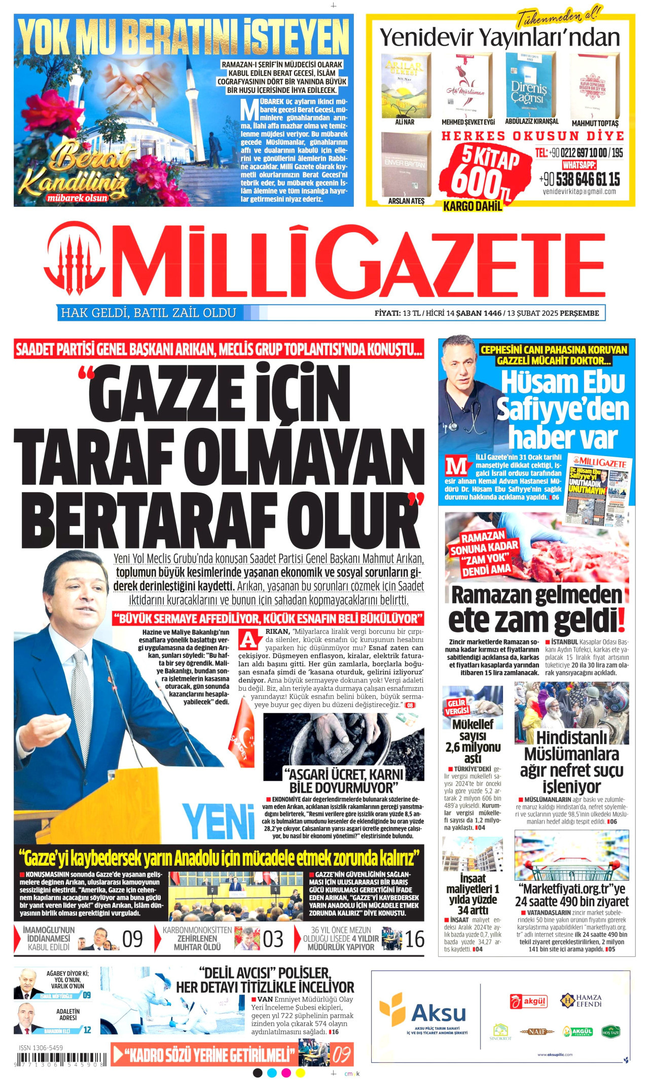 MİLLİ GAZETE gazetesinin 13 Şubat 2025 tarihli birinci sayfası