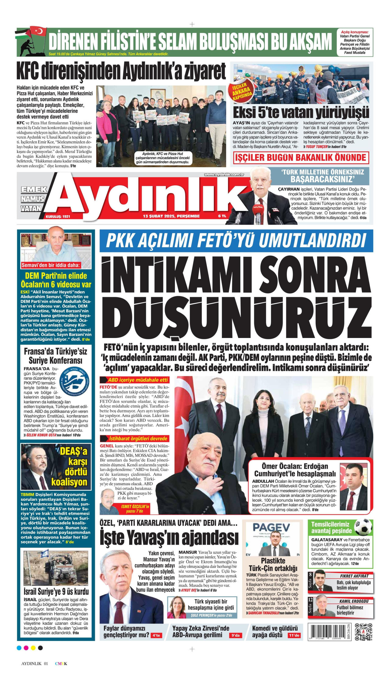 AYDINLIK GAZETESİ gazetesinin 13 Şubat 2025 tarihli birinci sayfası