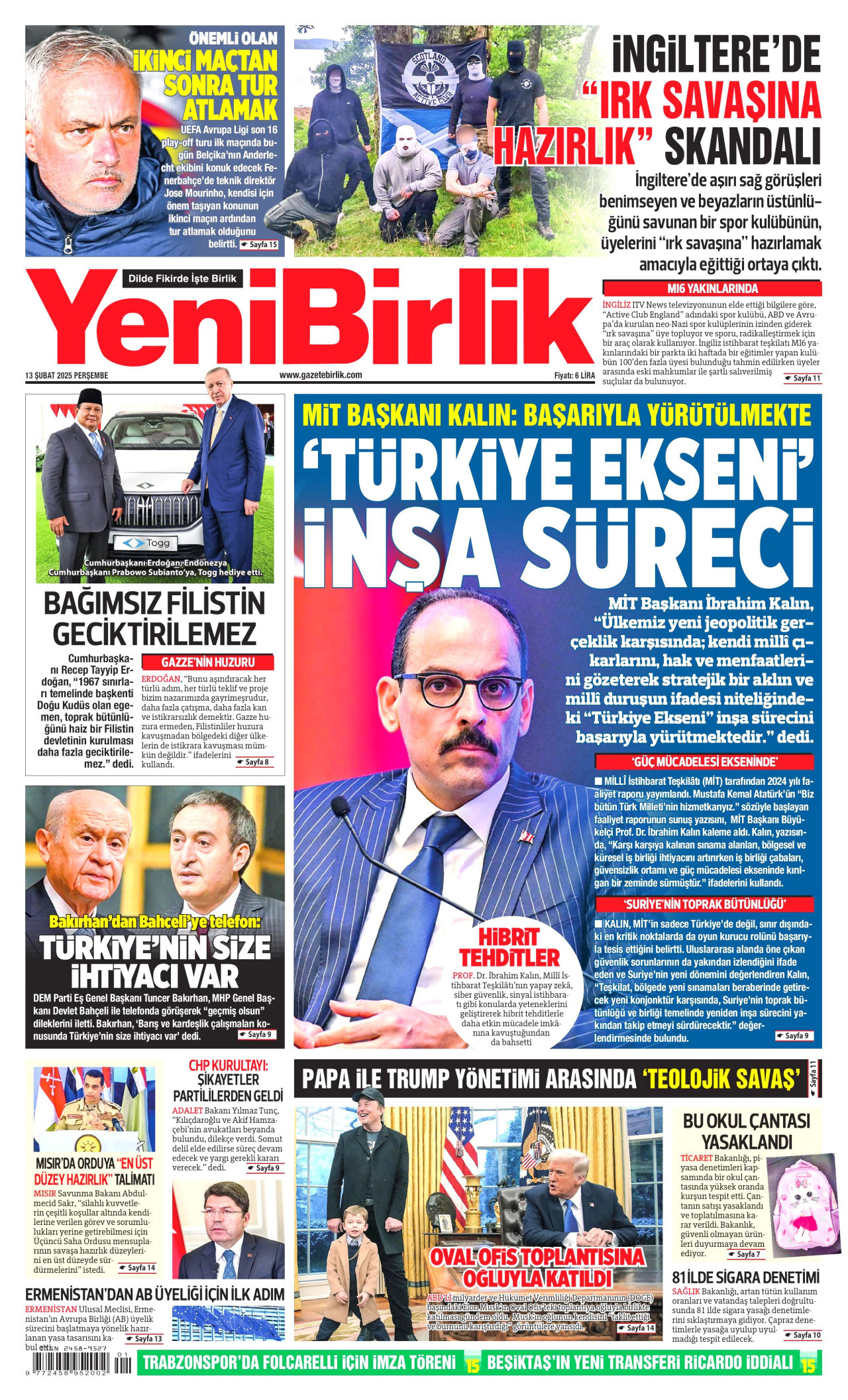 YENİBİRLİK gazetesinin 13 Şubat 2025 tarihli birinci sayfası