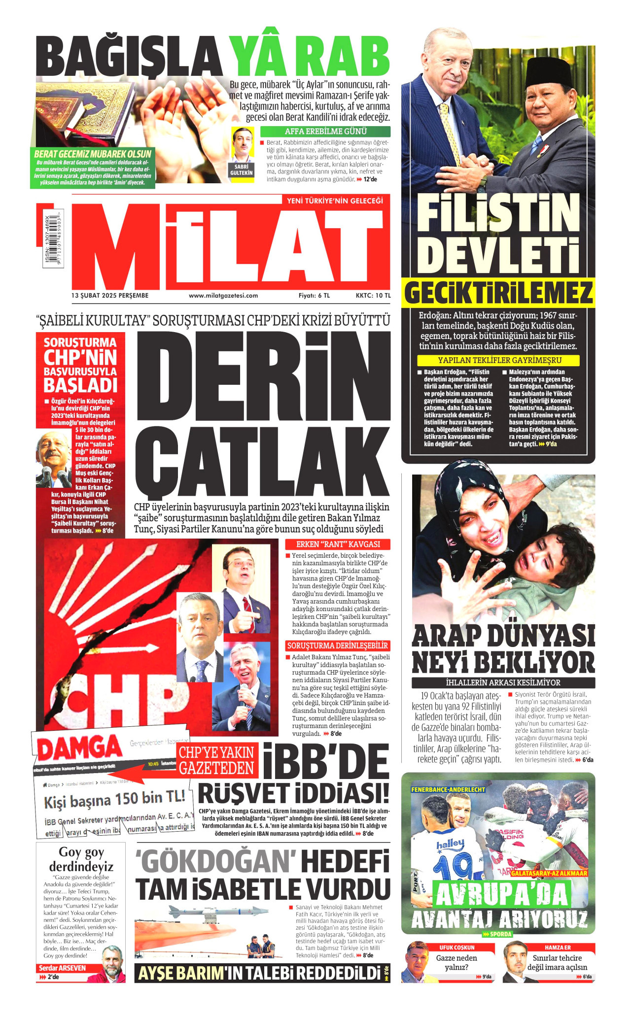MİLAT gazetesinin 13 Şubat 2025 tarihli birinci sayfası