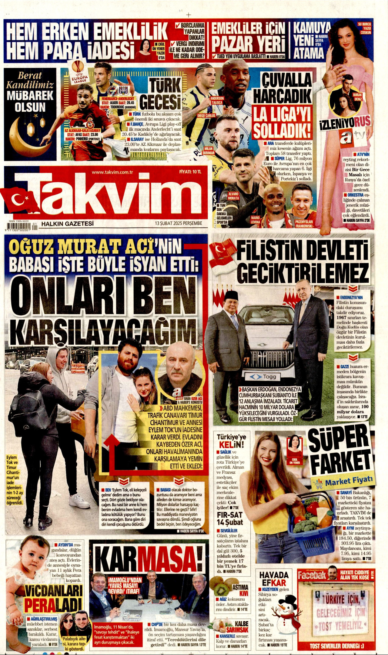 TAKVİM gazetesinin 13 Şubat 2025 tarihli birinci sayfası