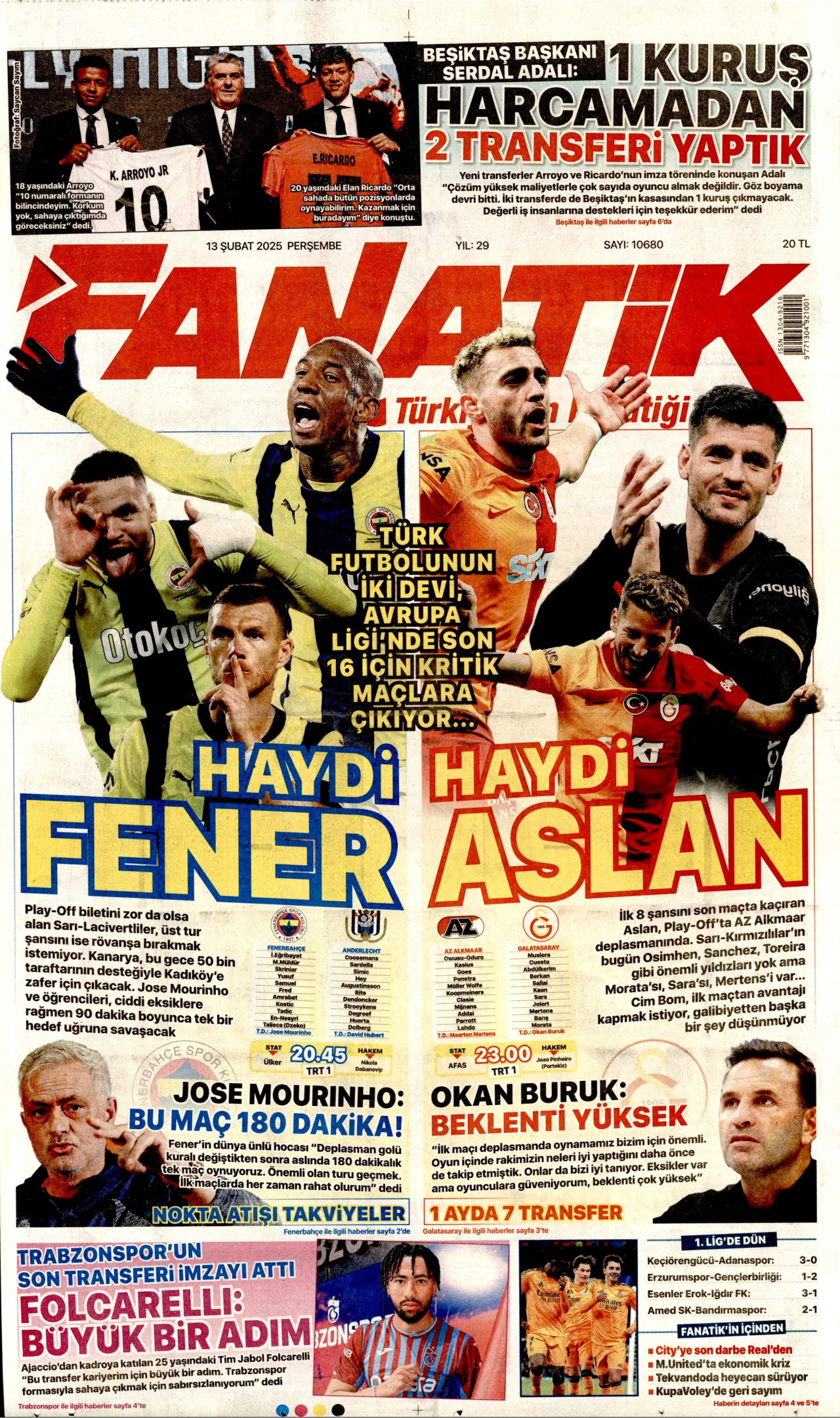 FANATİK gazetesinin 13 Şubat 2025 tarihli birinci sayfası