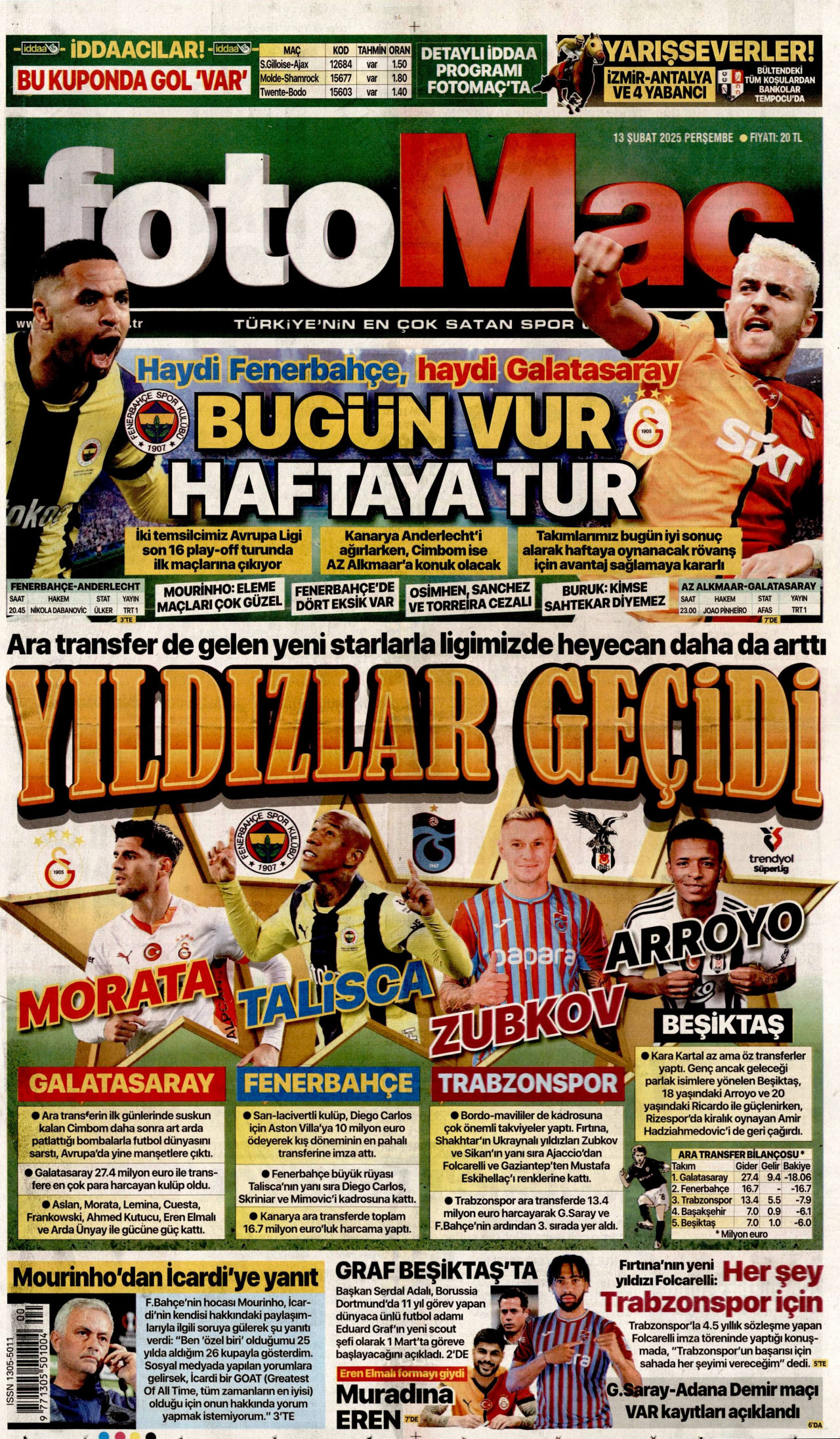 FOTOMAÇ gazetesinin 13 Şubat 2025 tarihli birinci sayfası