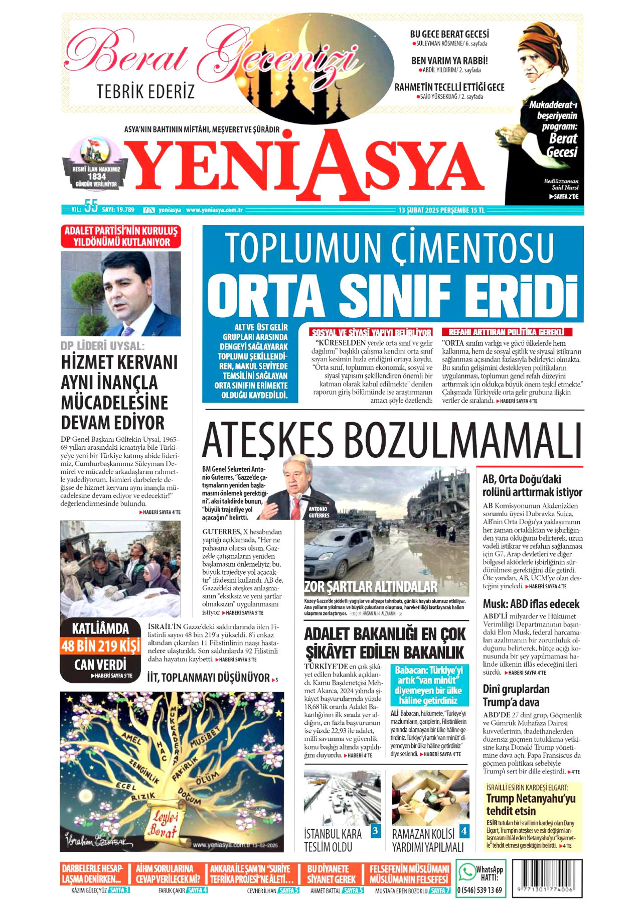 YENİ ASYA gazetesinin 13 Şubat 2025 tarihli birinci sayfası