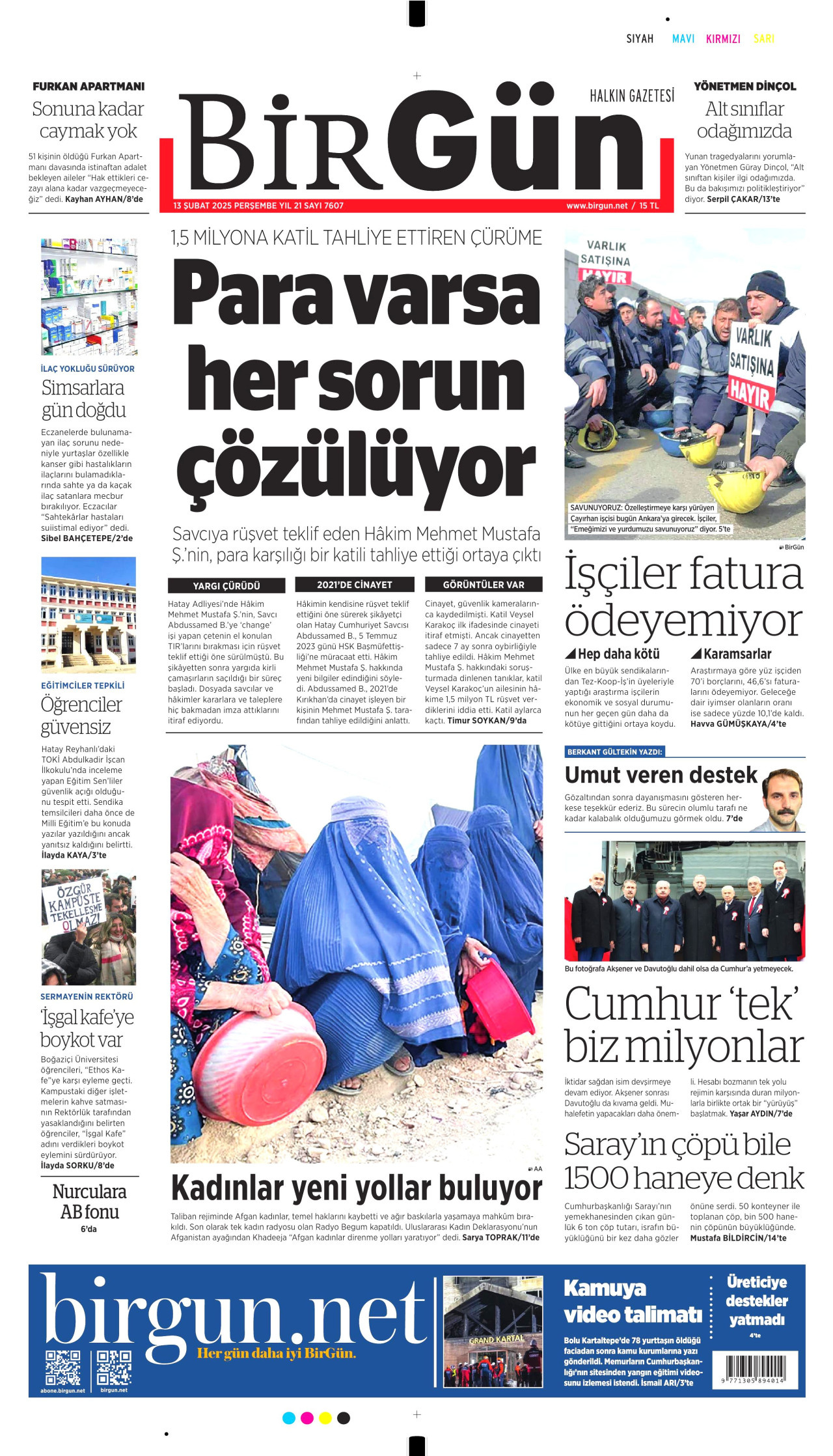 BİRGÜN gazetesinin 13 Şubat 2025 tarihli birinci sayfası