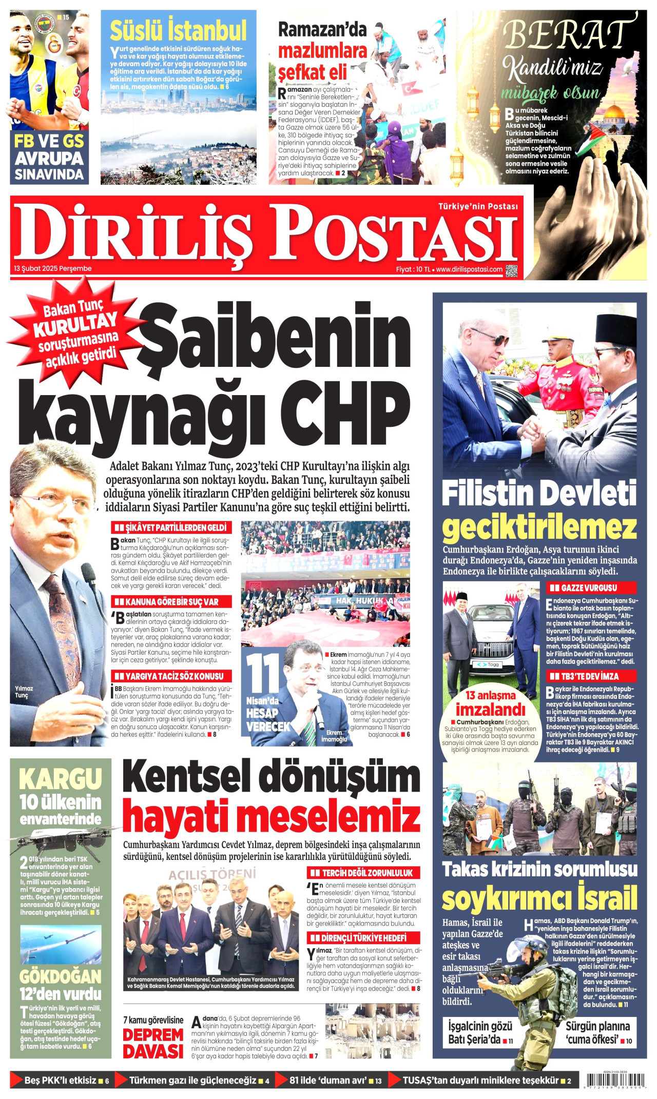 DİRİLİŞ POSTASI gazetesinin 13 Şubat 2025 tarihli birinci sayfası